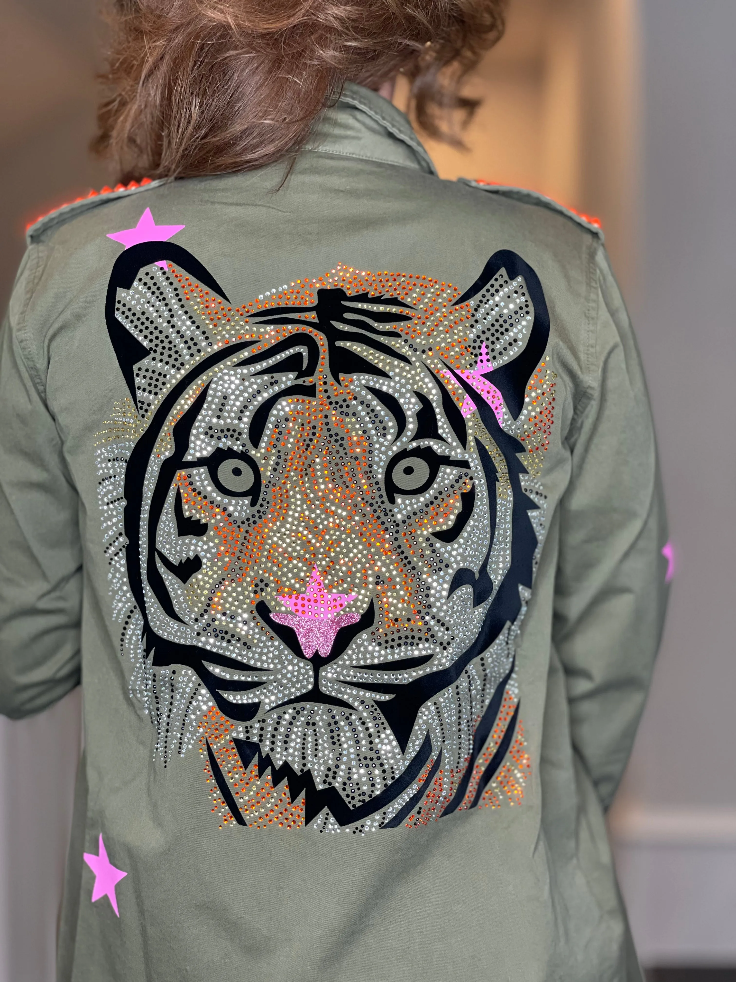 Army Shacket w/Rhinestone Tiger