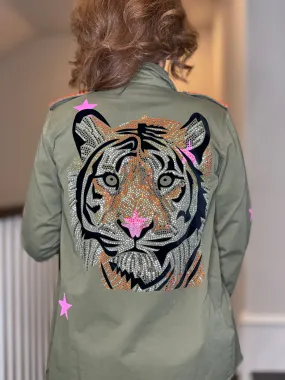 Army Shacket w/Rhinestone Tiger