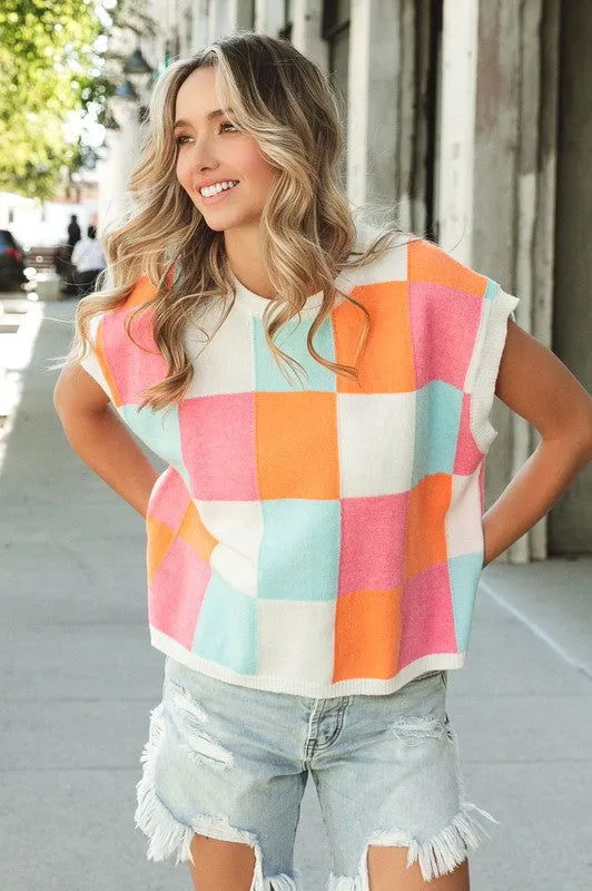 BiBi Multi-Color Checker Sweater Vest