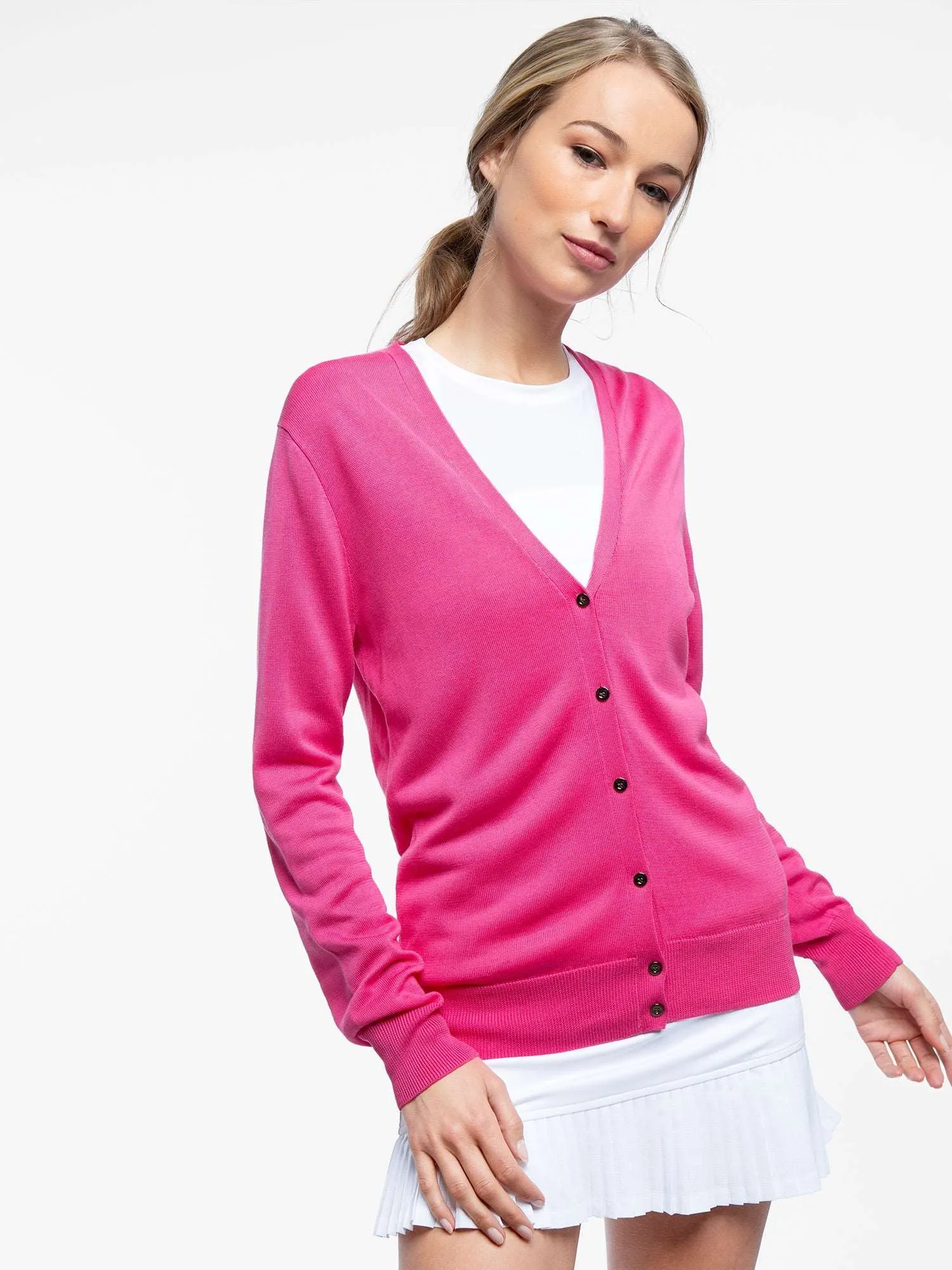 Classic V Neck Cardigan Sweater - Pink Rose