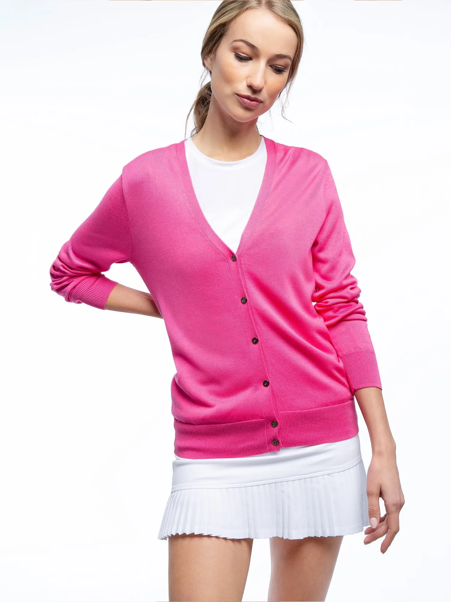 Classic V Neck Cardigan Sweater - Pink Rose