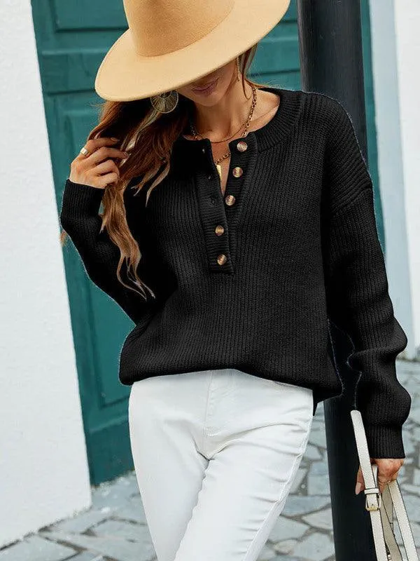 Crew Neck Button Top Pullover Sweater Women