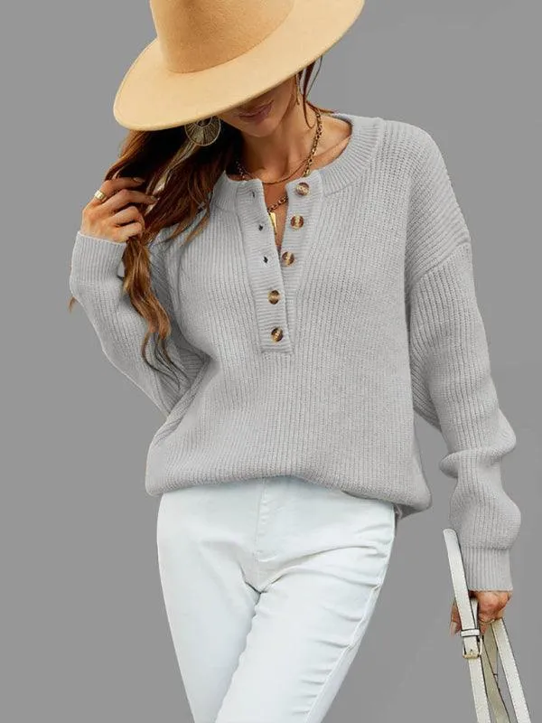 Crew Neck Button Top Pullover Sweater Women