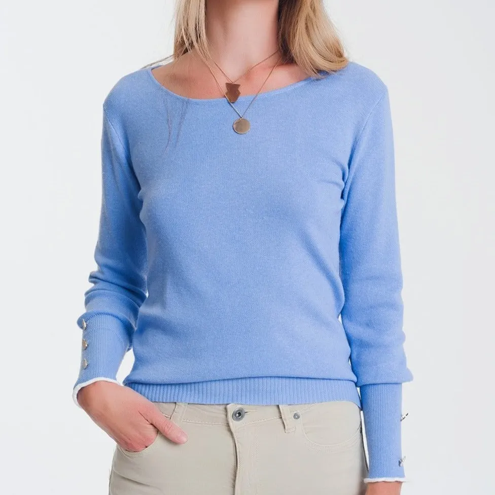 Crew Neck Sweater with Button Detail in Blue