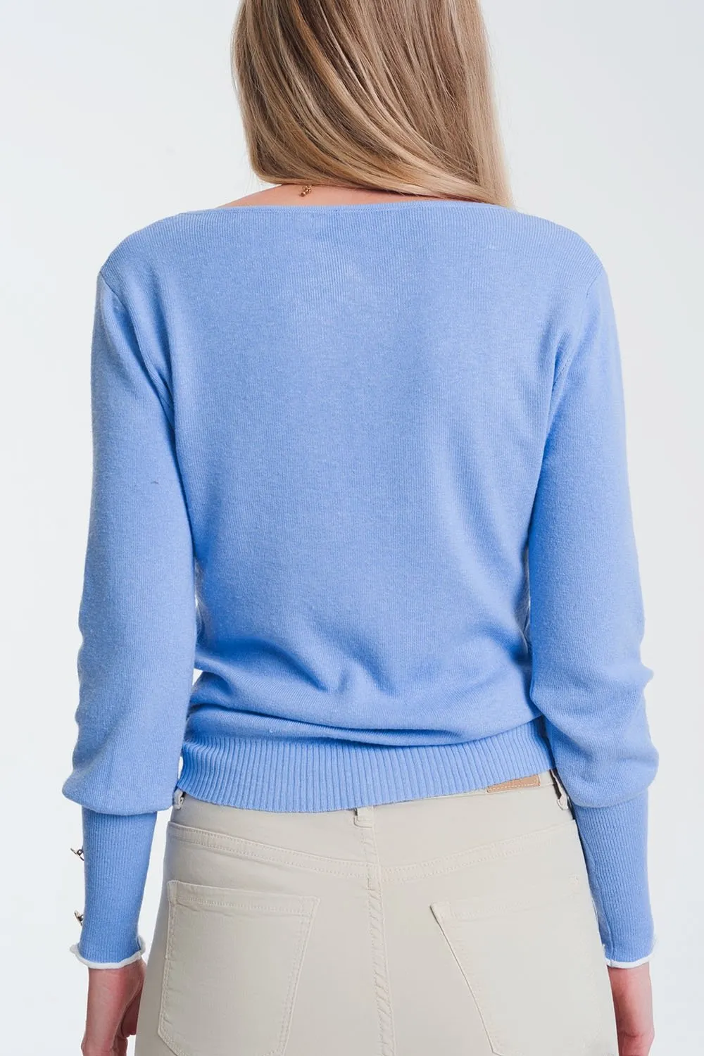 Crew Neck Sweater with Button Detail in Blue