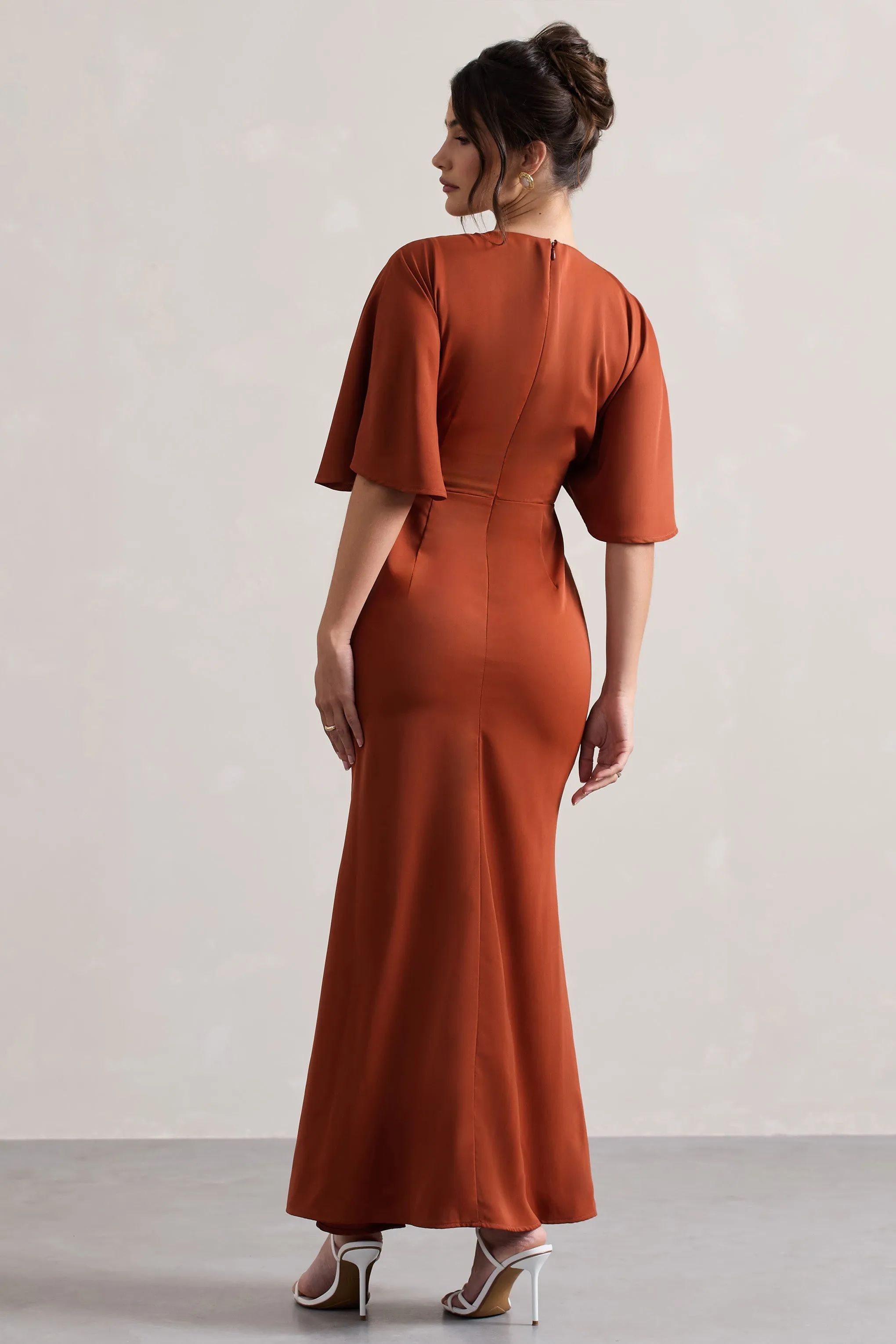 Elidy | Terracotta Ruched Flutter-Sleeve Cut-Out Maxi Dress