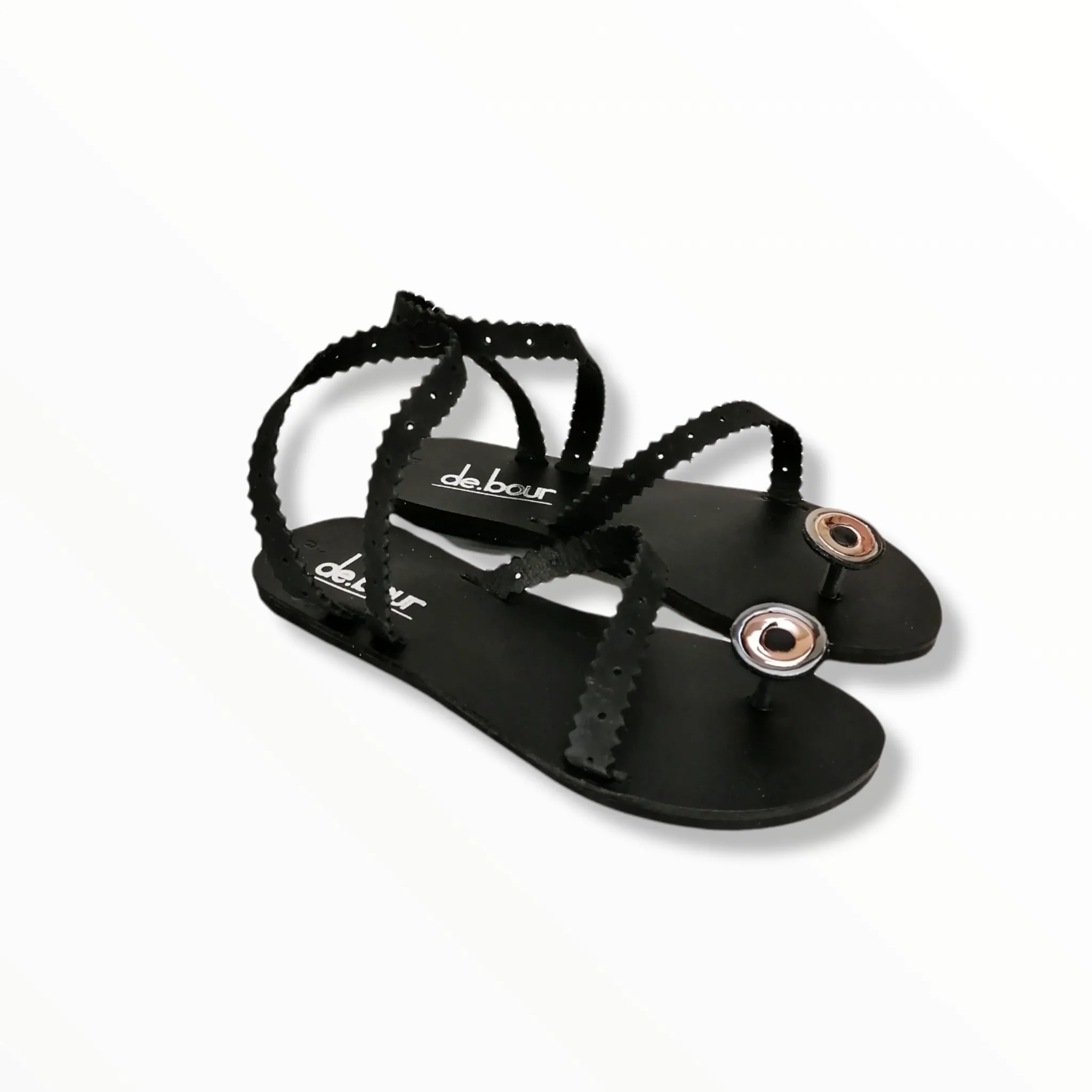 EVIL-EYE BLACK FLAT LEATHER SANDALS