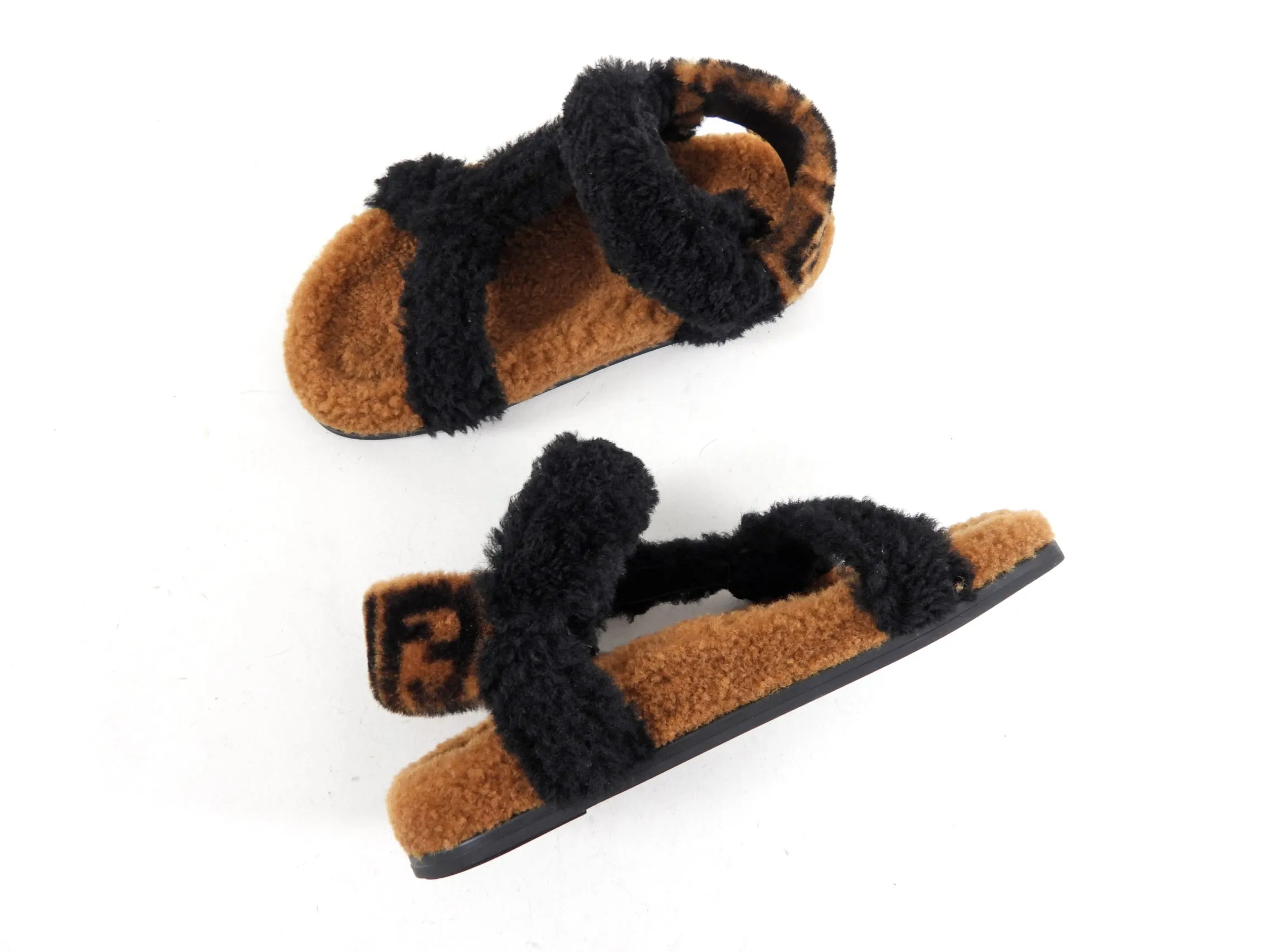 Fendi Brown and Black Zucca Logo Shearling Sandals - 37