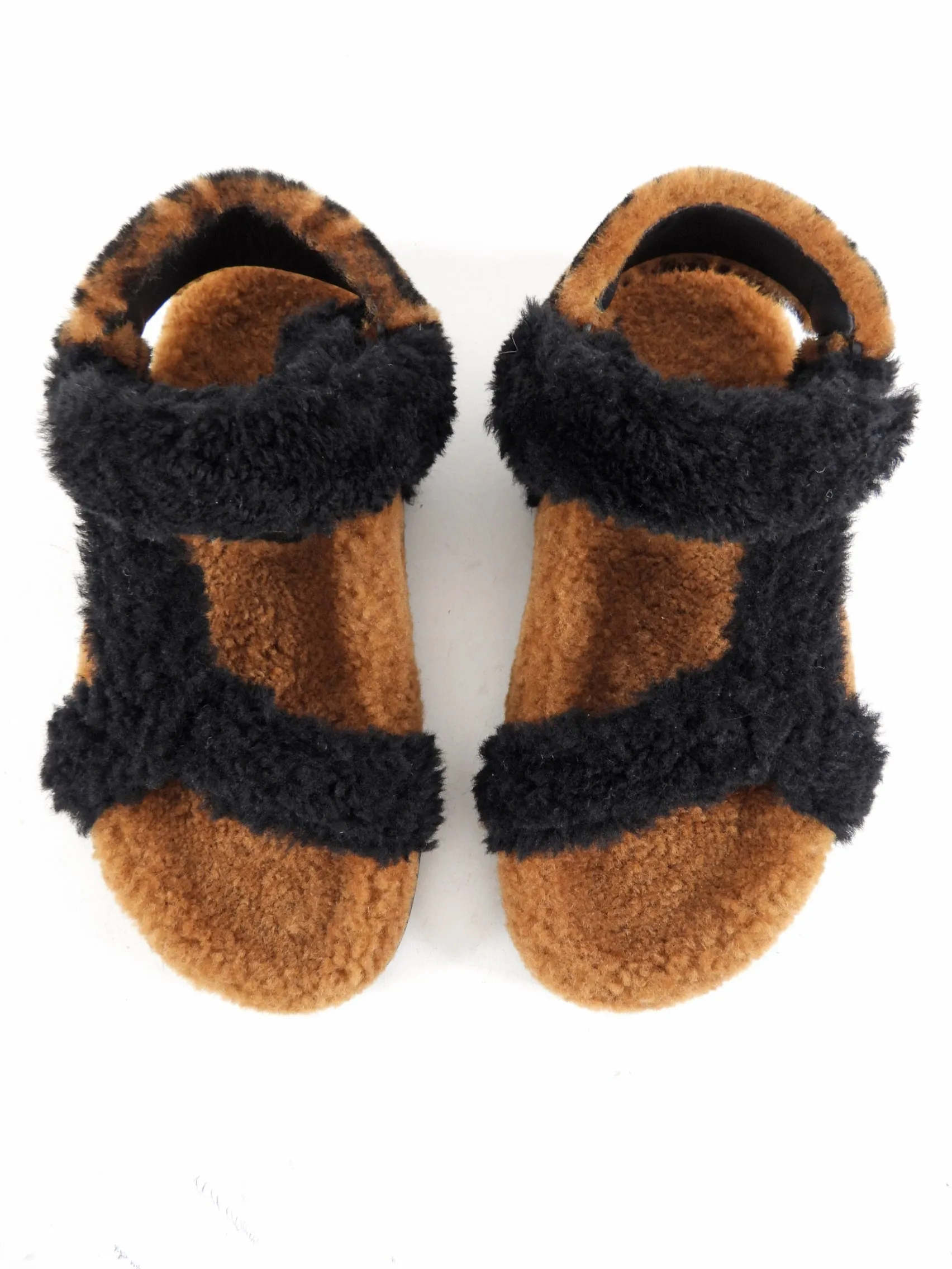 Fendi Brown and Black Zucca Logo Shearling Sandals - 37