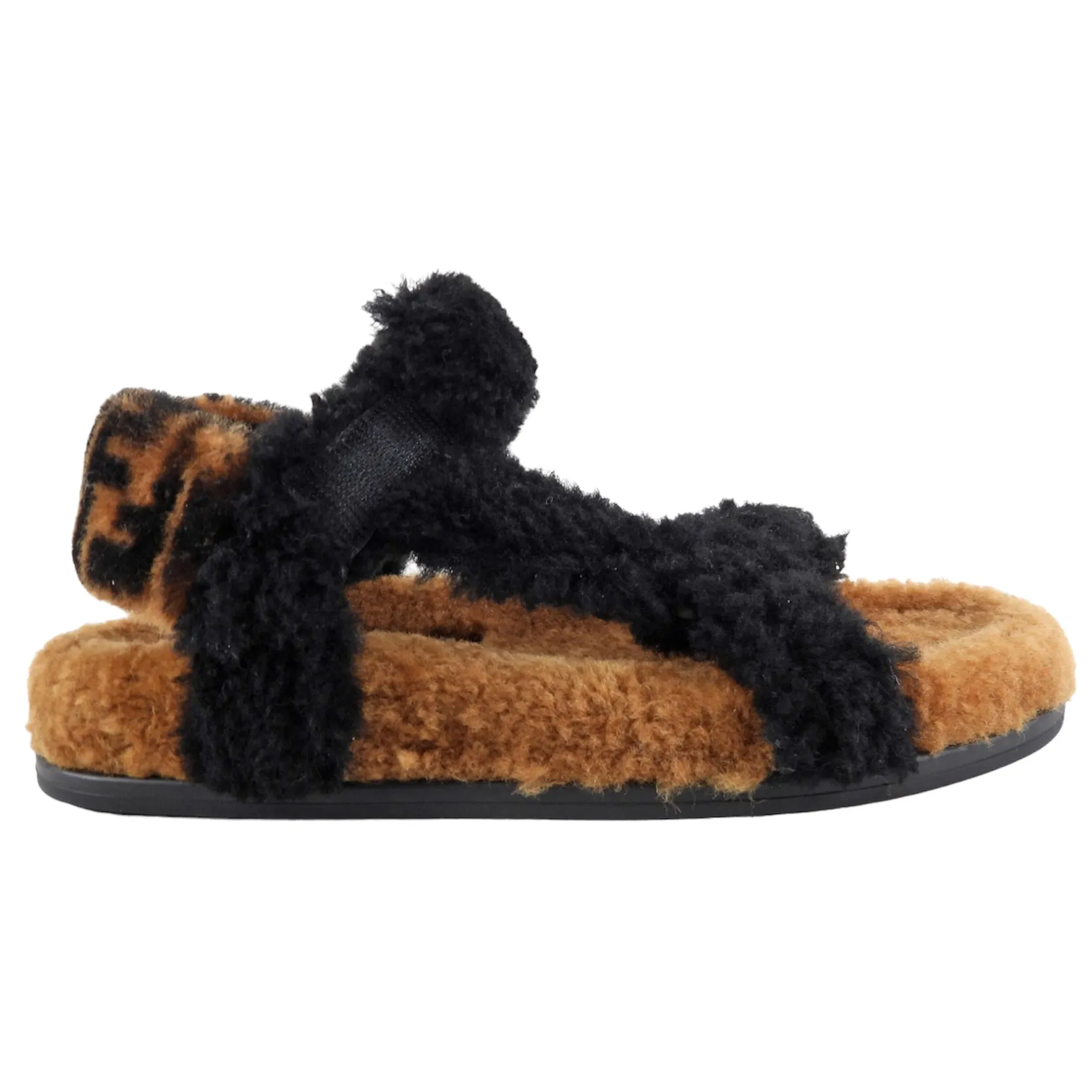 Fendi Brown and Black Zucca Logo Shearling Sandals - 37