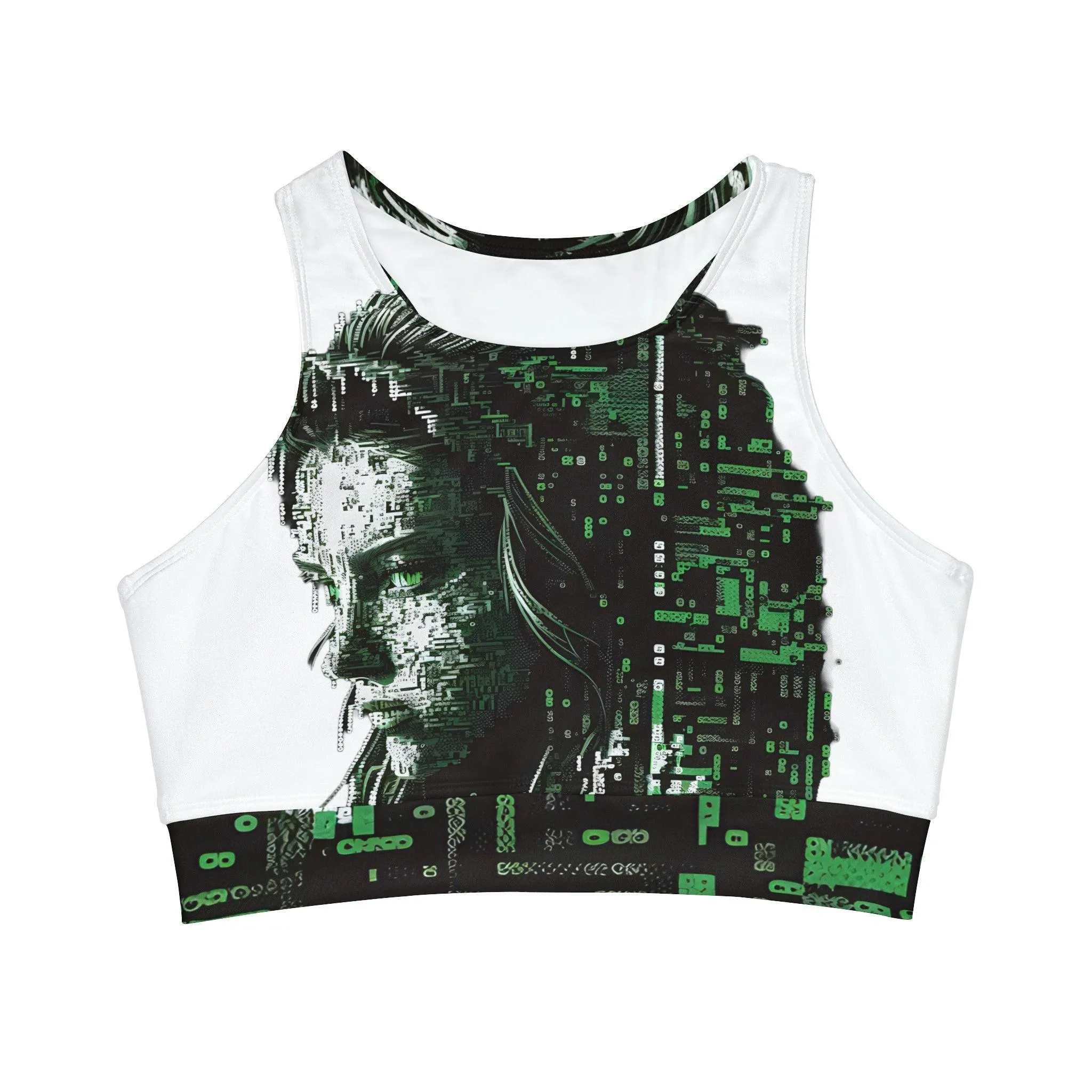 Fierce Digital Green Eyed Beautiful Woman in the style of Ansi / Ascii Art - For Her High Neck Crop Top Sublimation All Over Print  (AOP)