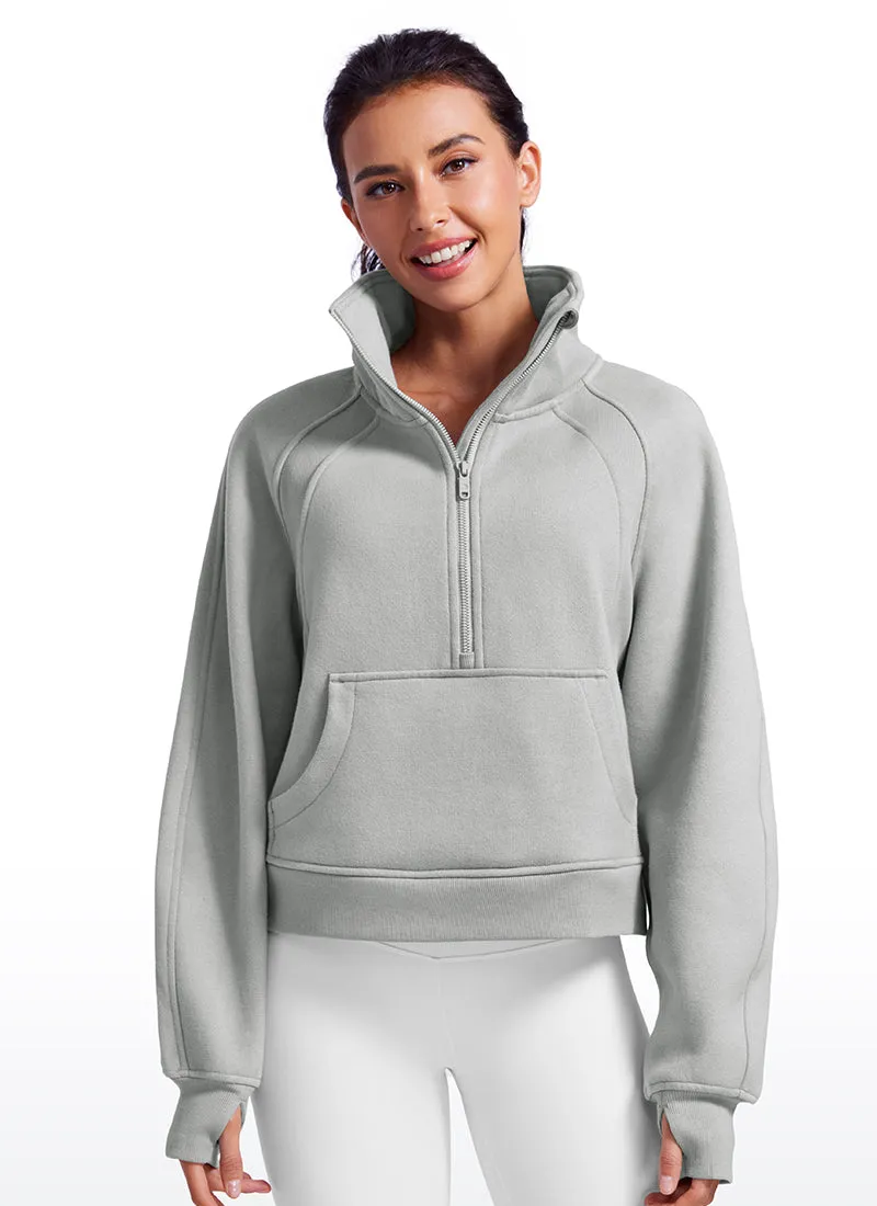 Fleece Lined Half Zip Hoodies Funnel Neck with Thumb Holes