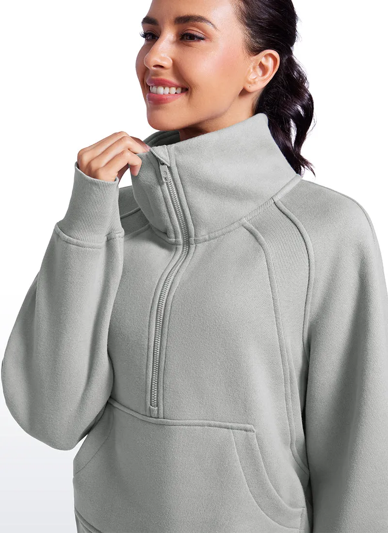 Fleece Lined Half Zip Hoodies Funnel Neck with Thumb Holes