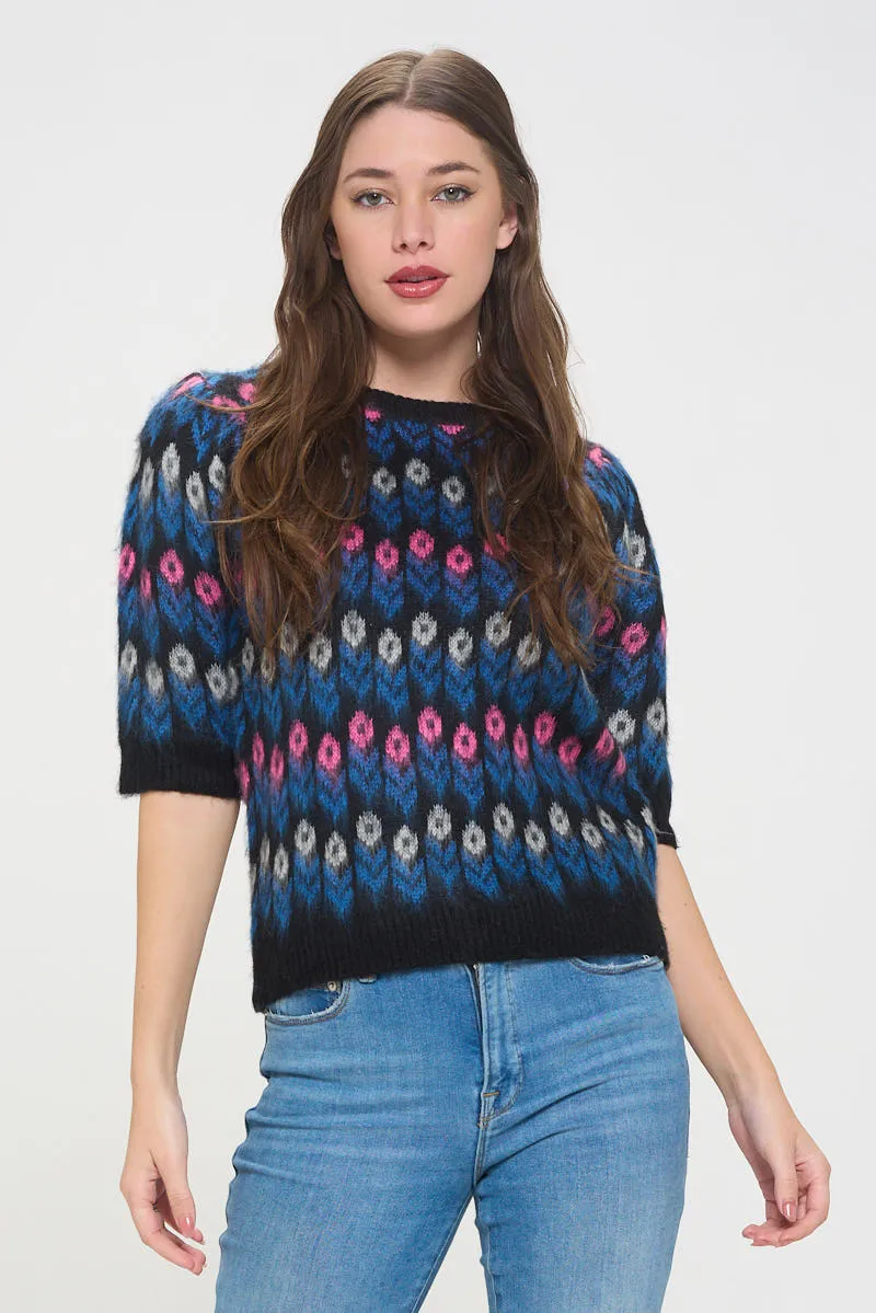 Floral Deco Knit Puff Sleeve Top