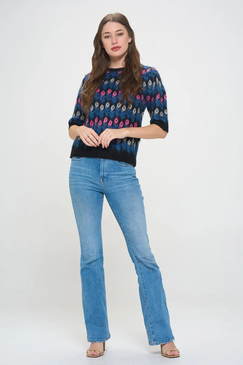 Floral Deco Knit Puff Sleeve Top