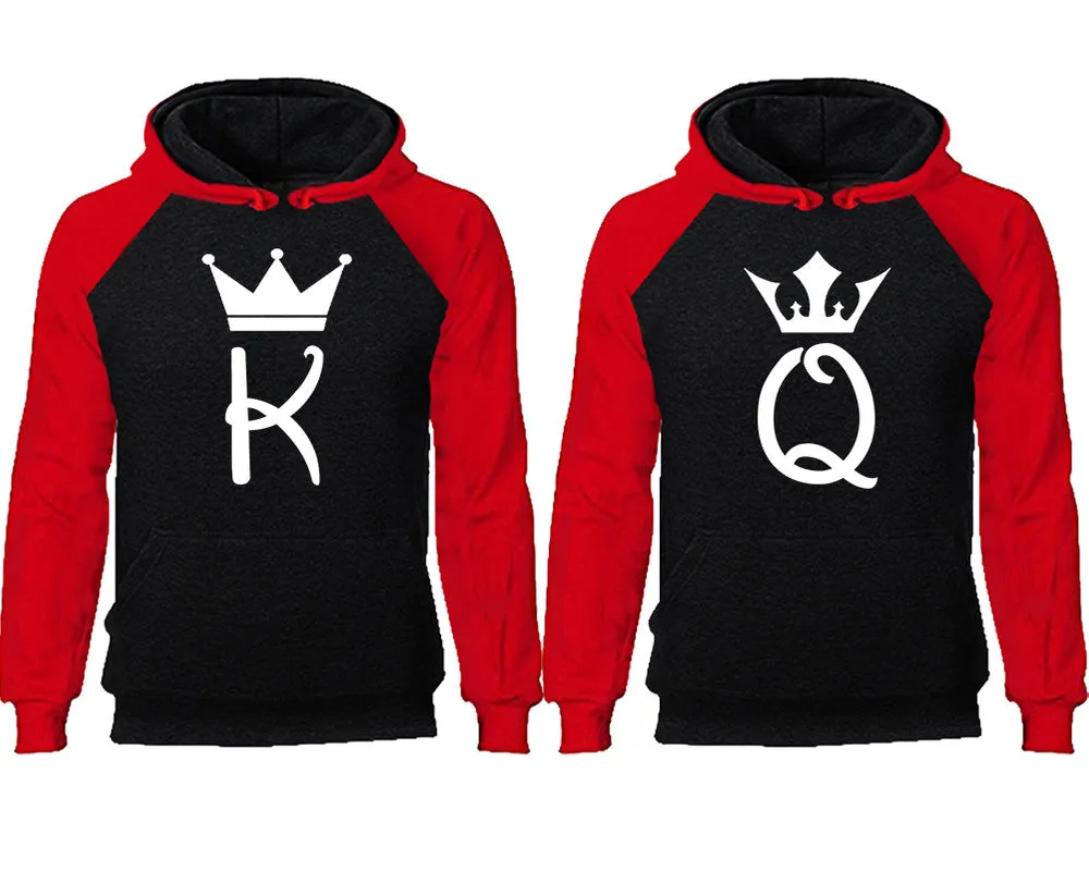 King and Queen Couple Matching Raglan Hoodies, K and Q Contrast Hoodies