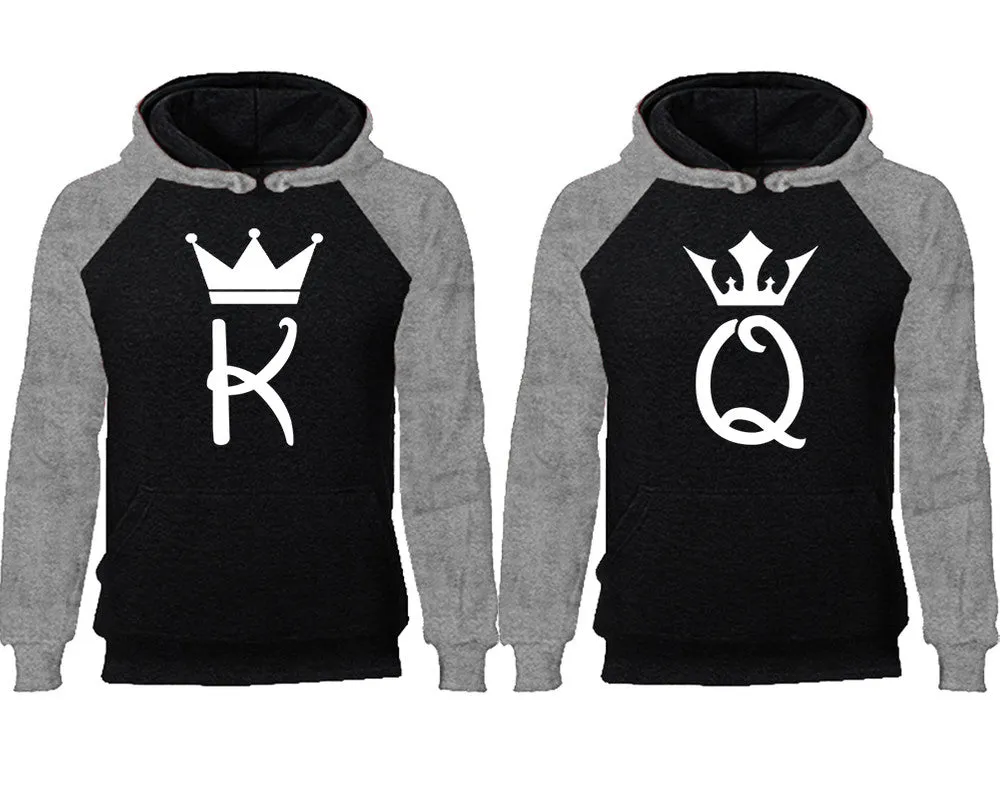 King and Queen Couple Matching Raglan Hoodies, K and Q Contrast Hoodies