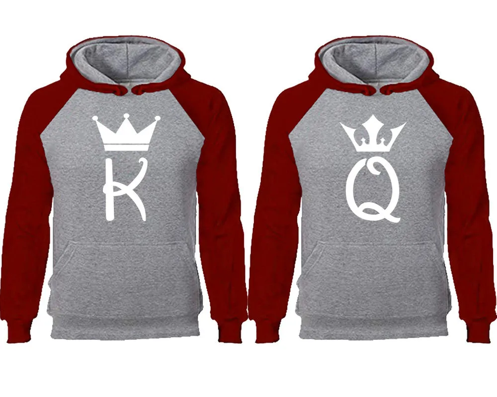 King and Queen Couple Matching Raglan Hoodies, K and Q Contrast Hoodies