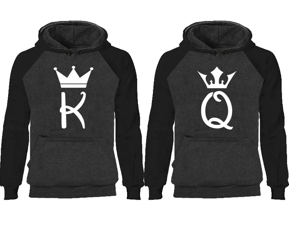 King and Queen Couple Matching Raglan Hoodies, K and Q Contrast Hoodies