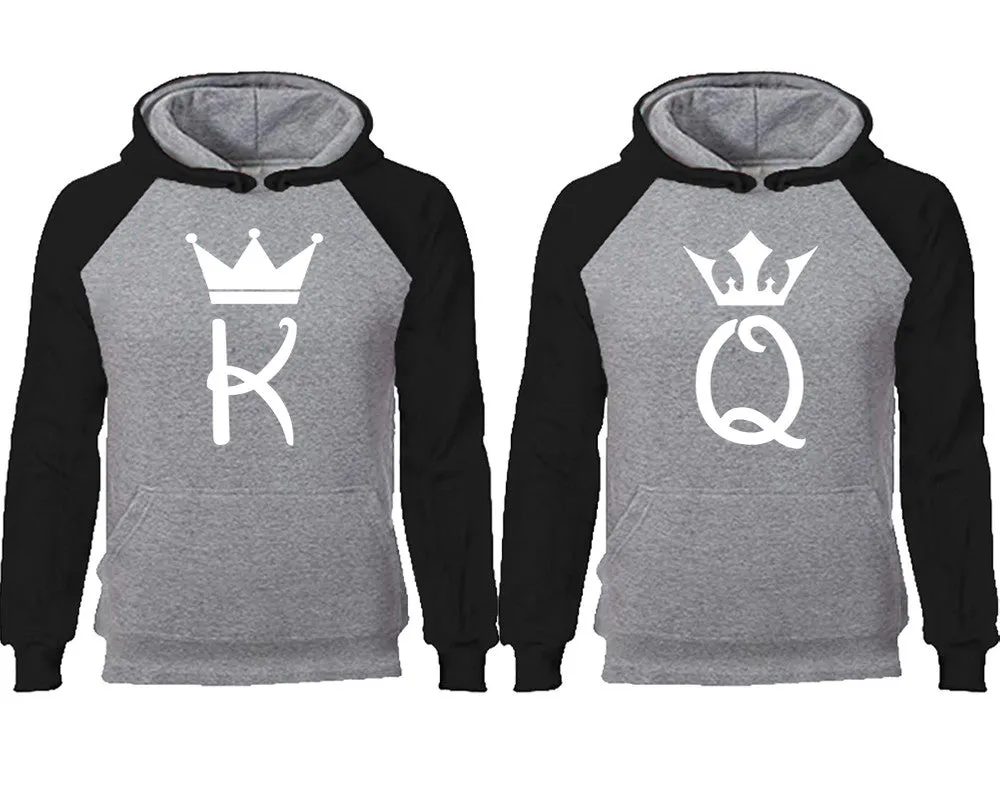 King and Queen Couple Matching Raglan Hoodies, K and Q Contrast Hoodies