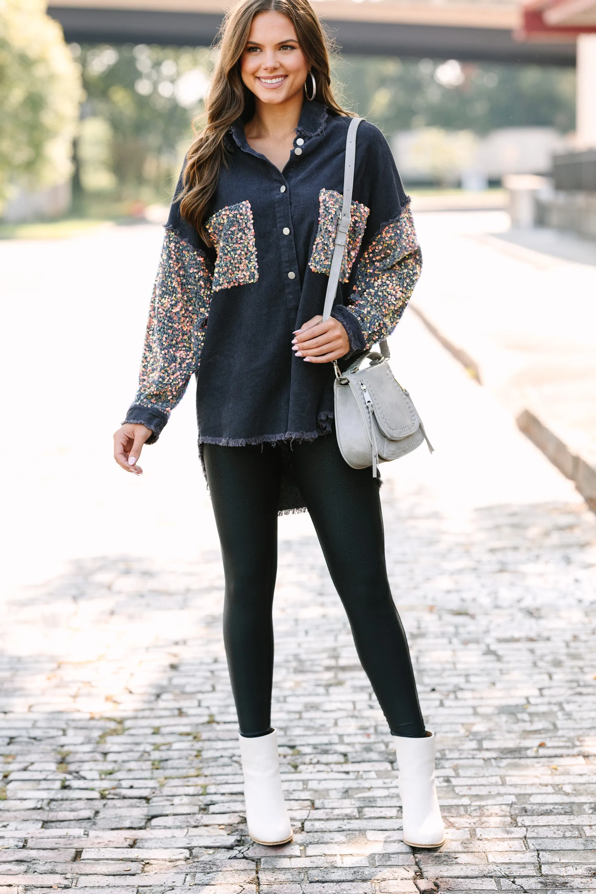 Let's Go Charcoal Gray Sequin Sleeve Shacket