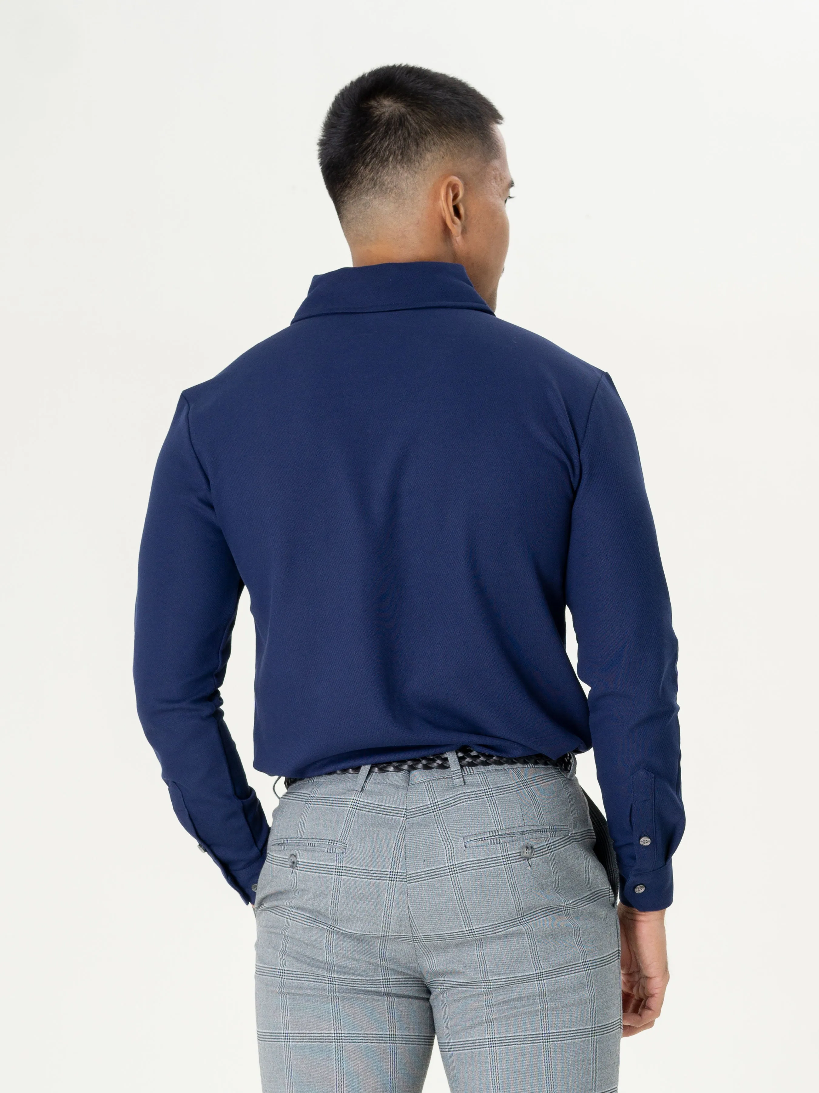 Long Sleeve Polo Shirt - Navy Blue One-Piece Collar Single Button