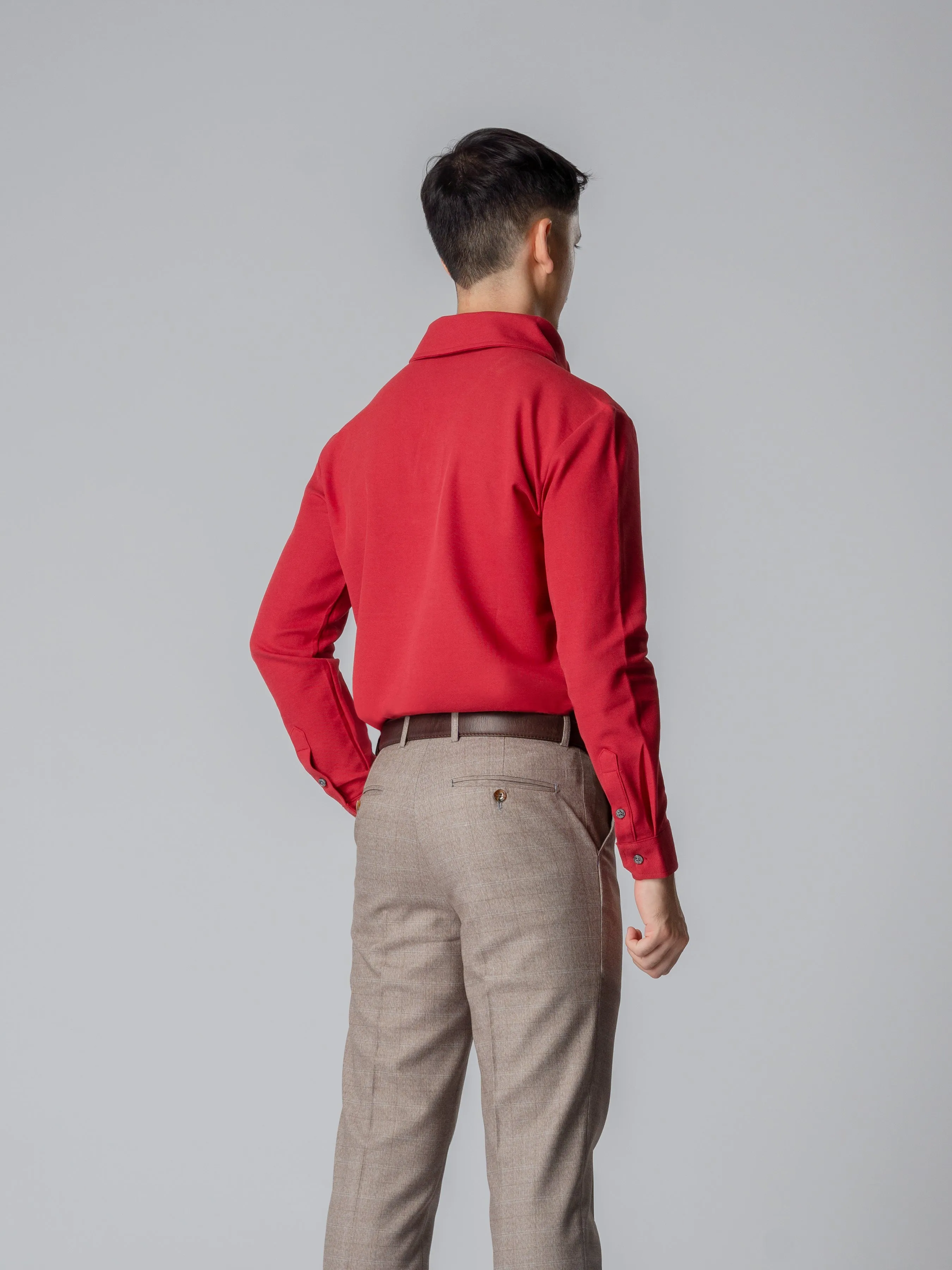 Long Sleeve Polo Shirt - Red One-Piece Collar Single Button