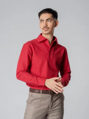 Long Sleeve Polo Shirt - Red One-Piece Collar Single Button