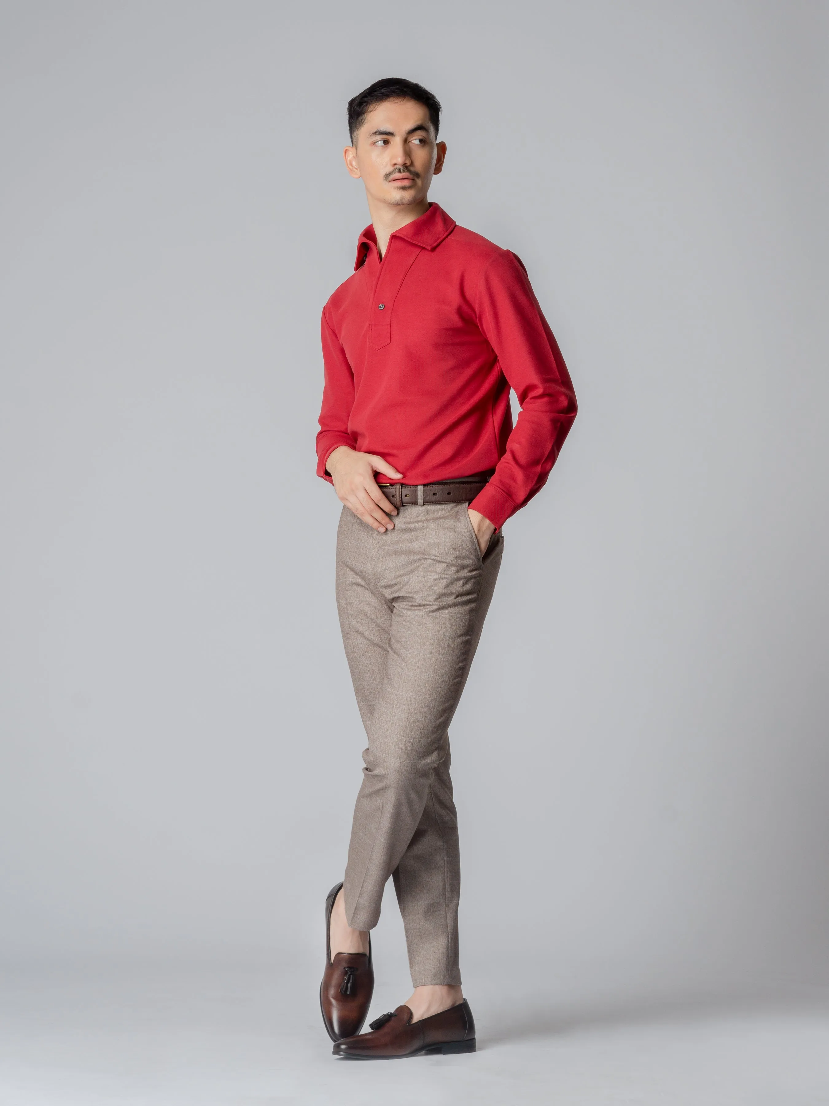 Long Sleeve Polo Shirt - Red One-Piece Collar Single Button