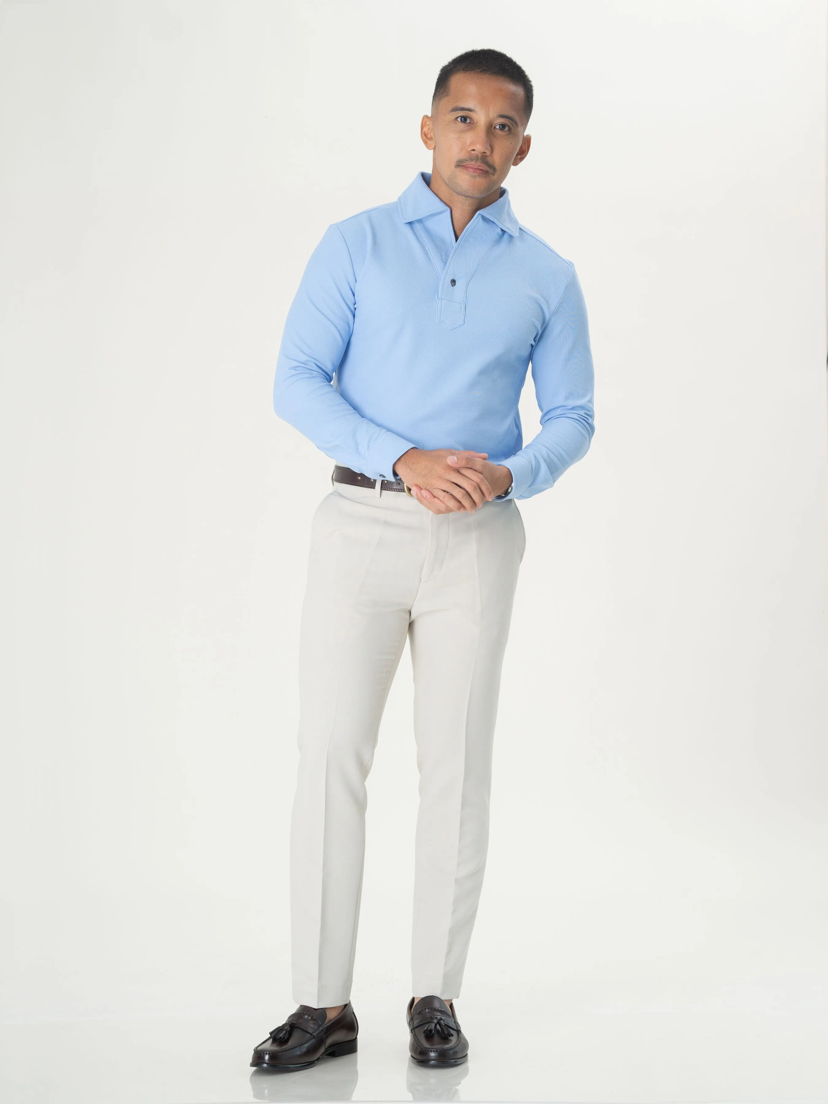 Long Sleeve Polo Shirt - Sky Blue One-Piece Collar Single Button