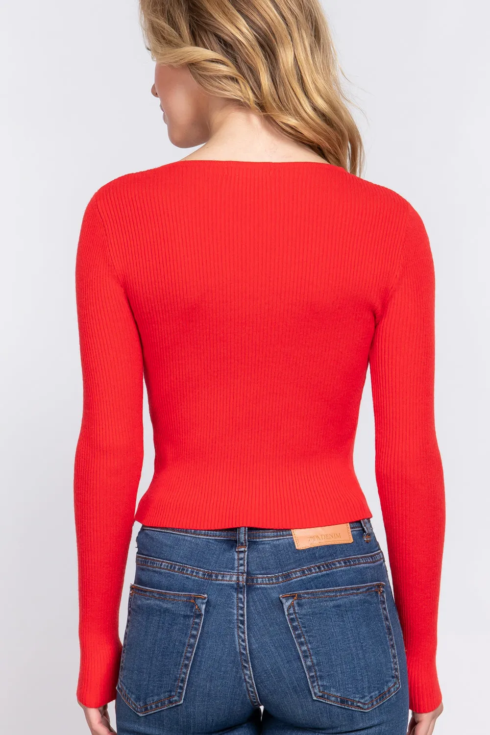 Long Sleeve V-neck Shirring Tie Detail Sweater