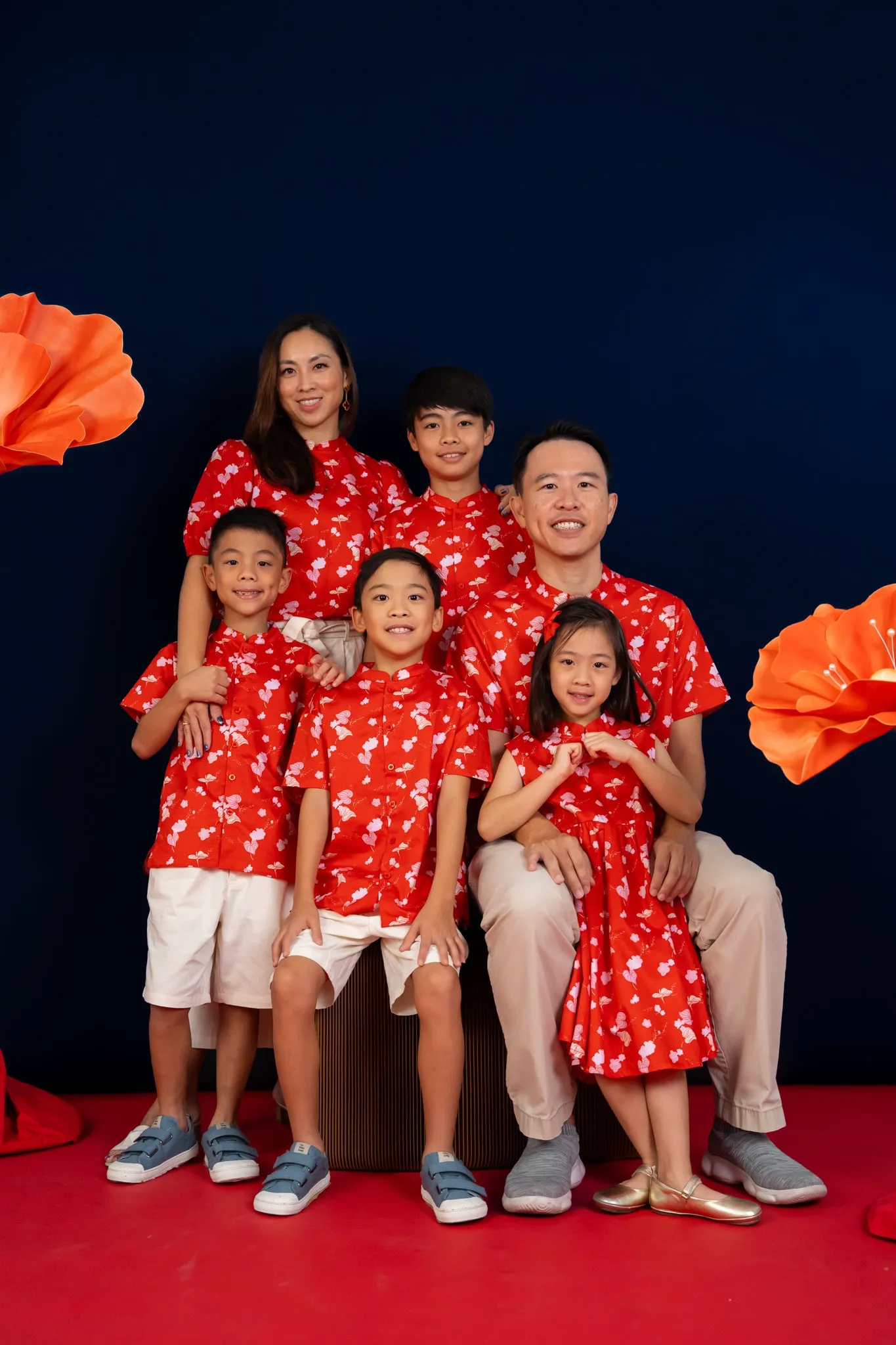 Mandarin-collared Shirt - Red Blossom Lily