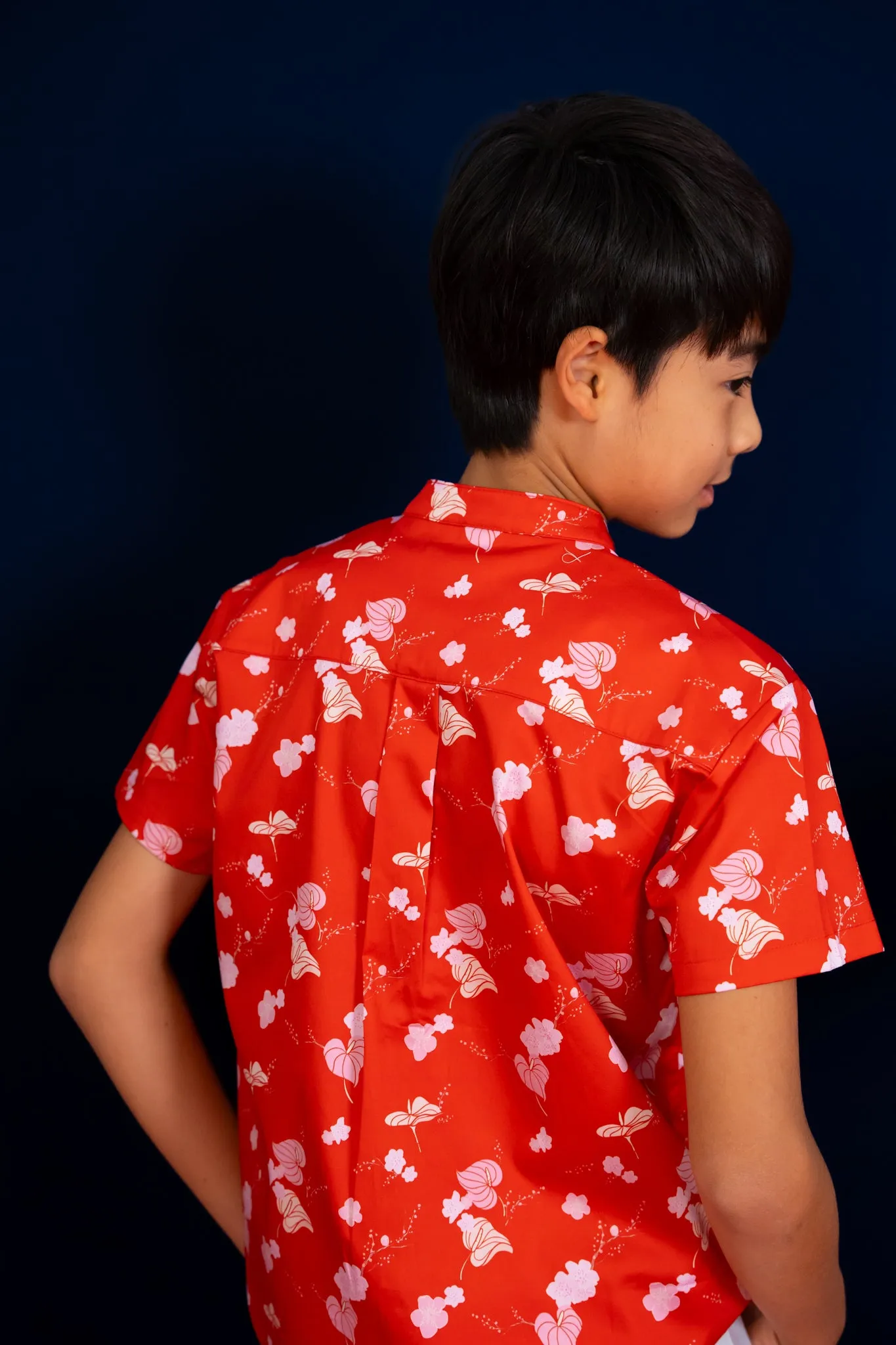 Mandarin-collared Shirt - Red Blossom Lily