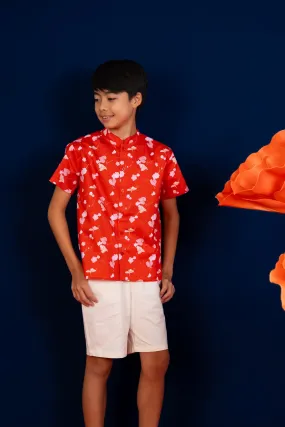 Mandarin-collared Shirt - Red Blossom Lily