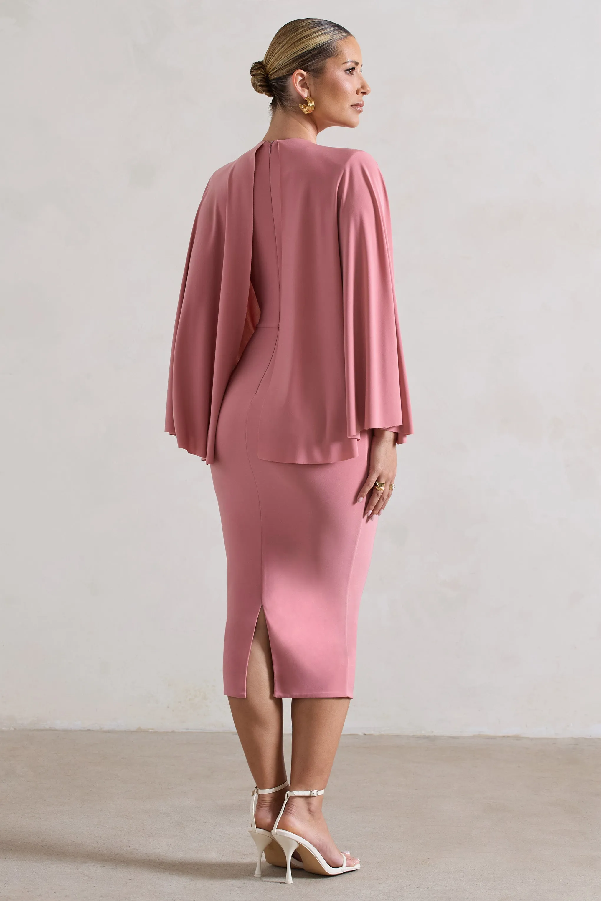 Mishka | Blush Pink Plunge-Neck Cape Midi Dress