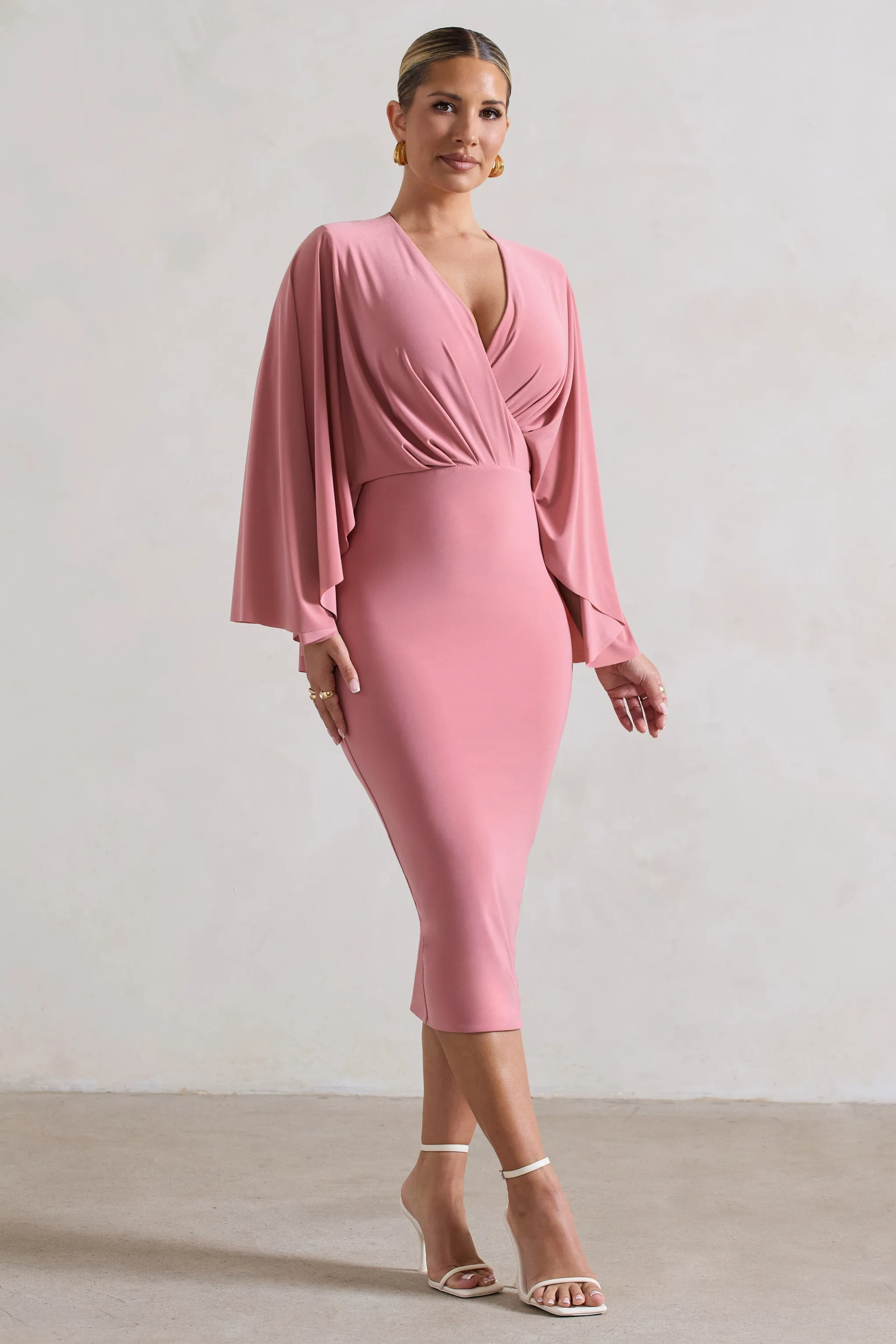 Mishka | Blush Pink Plunge-Neck Cape Midi Dress