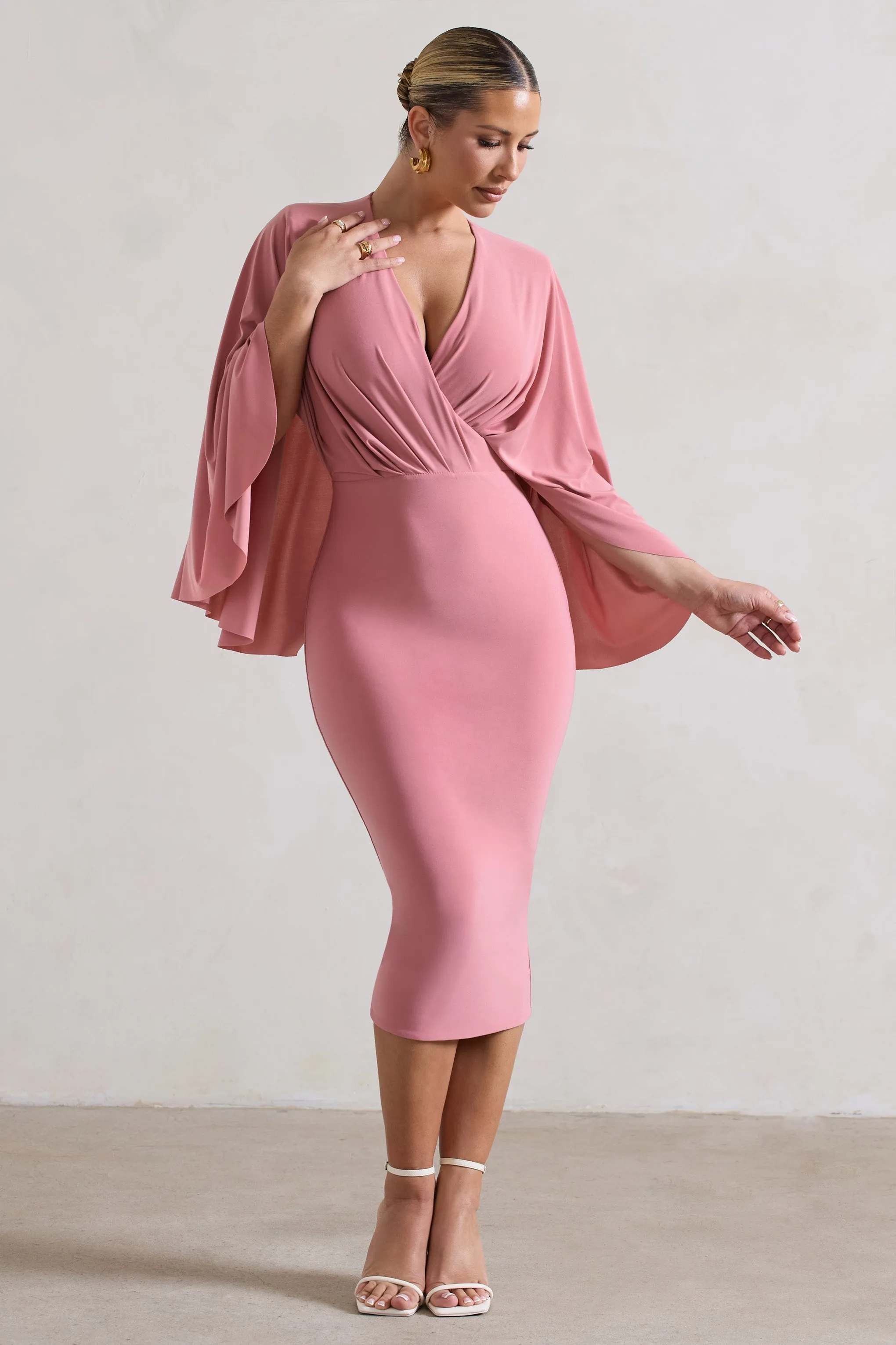 Mishka | Blush Pink Plunge-Neck Cape Midi Dress