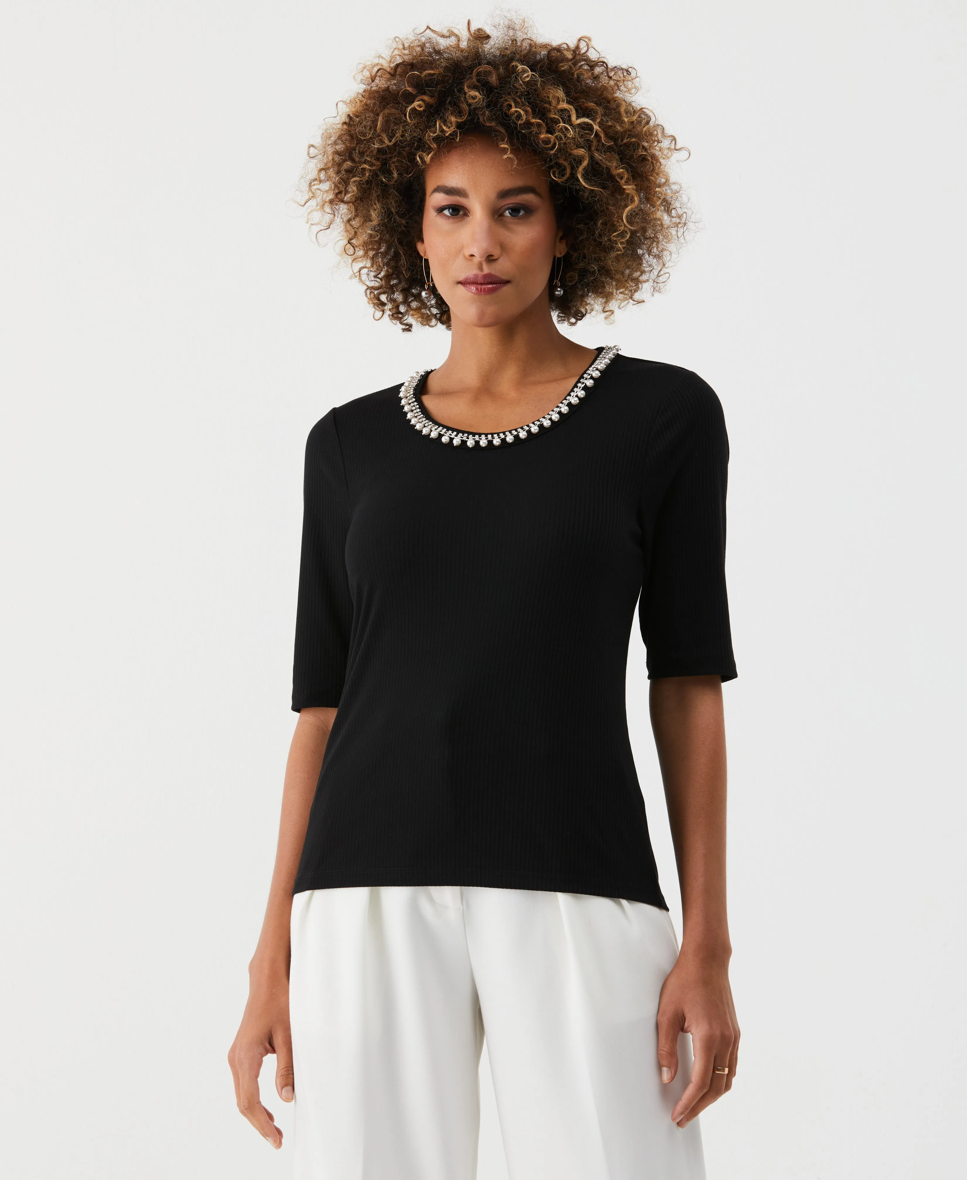 Petite Pearl Trim Rib Knit Top