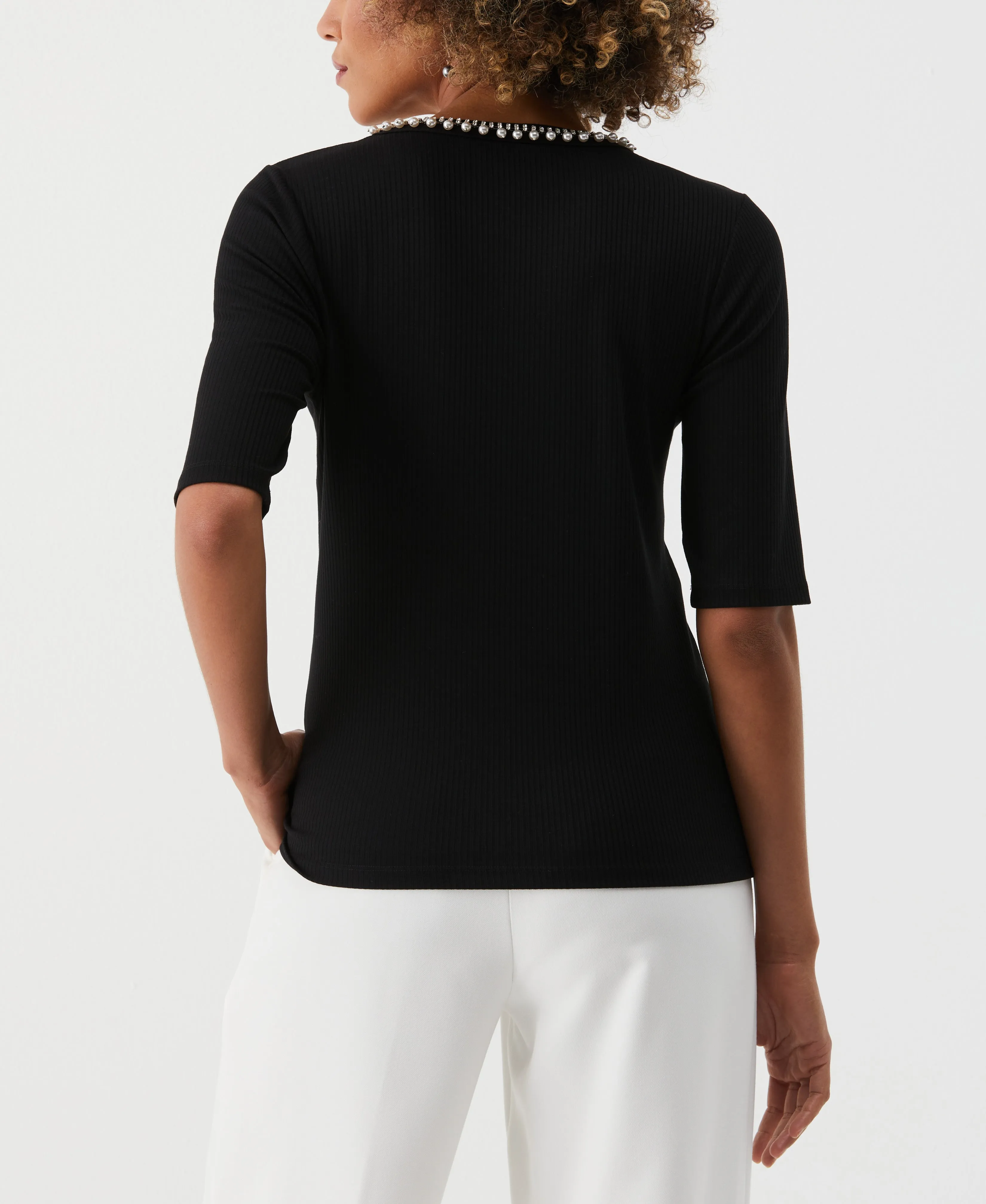 Petite Pearl Trim Rib Knit Top