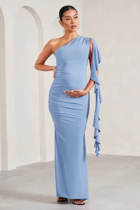 Rosalie | Cornflower Blue One-Shoulder Maternity Maxi Dress With Ruffles