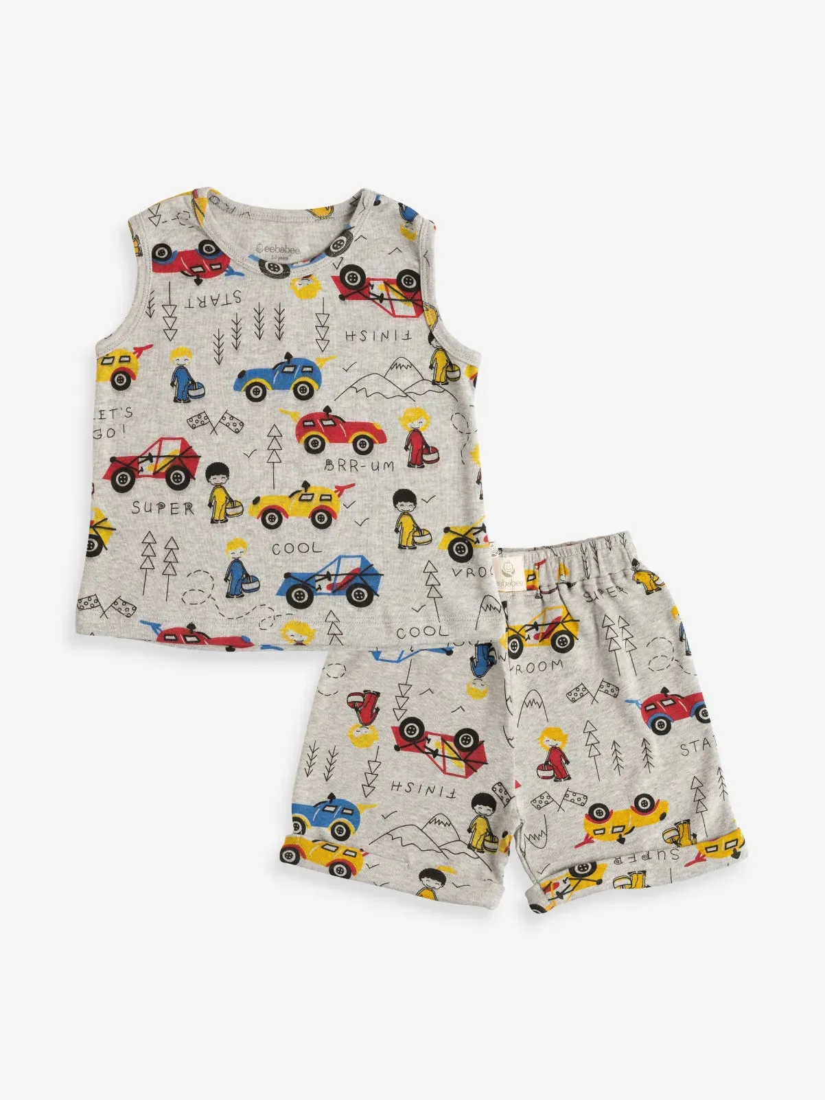 Sleeveless grey & graphic pattern t-shirt & shorts set for baby