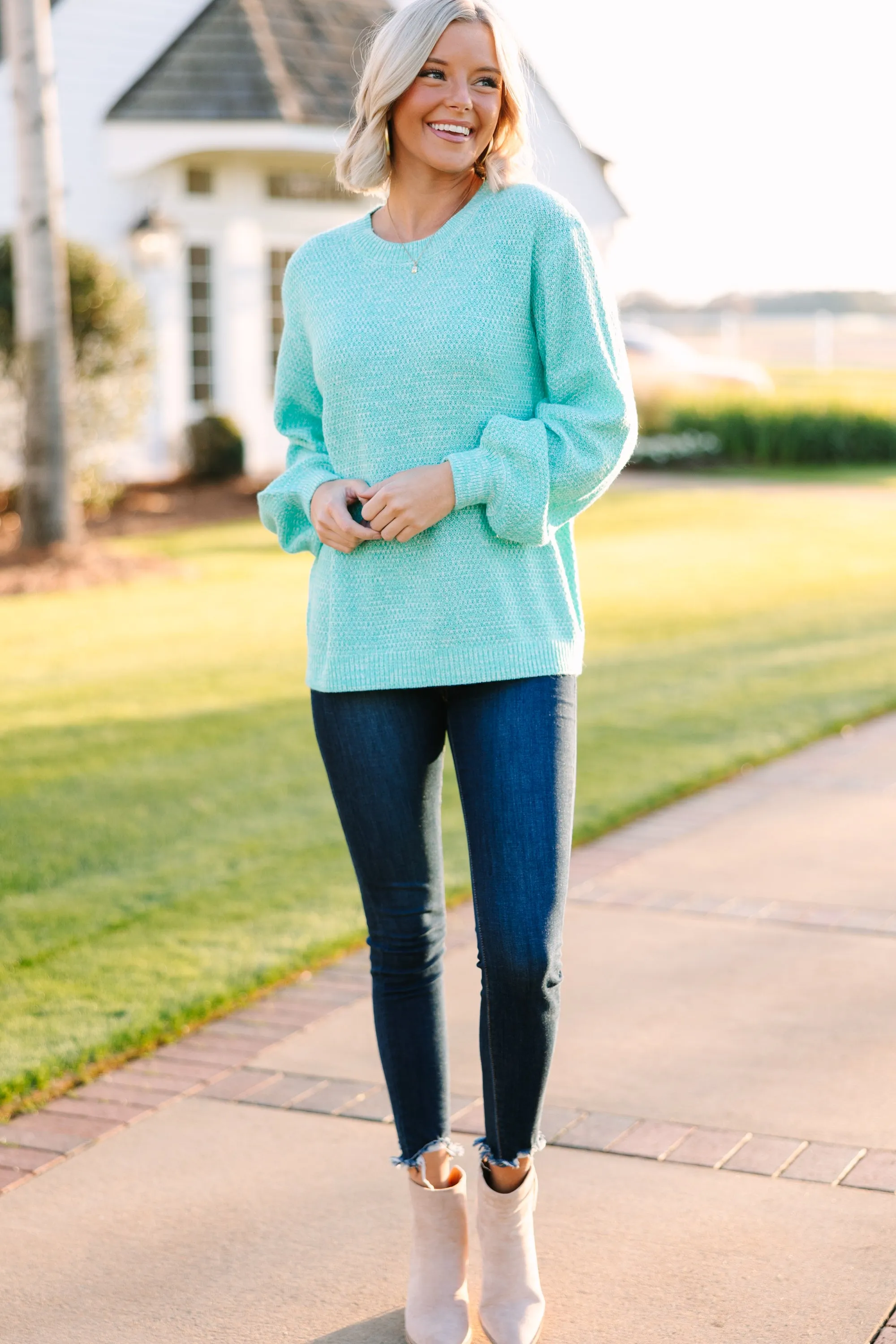 The Slouchy Mint Green Bubble Sleeve Sweater