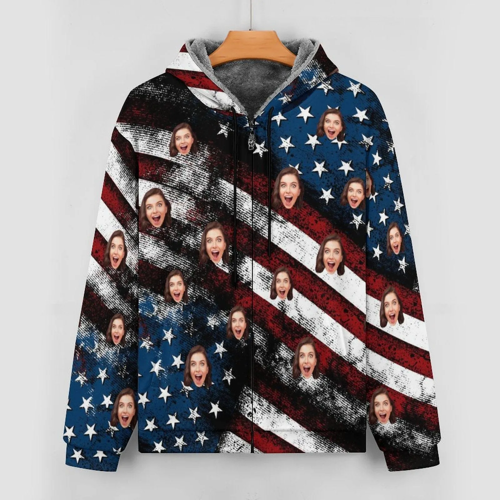 [Thick and Warm]Custom Face American Flag Full Zip Hoodie Double Layer Fleece Thickened Jacket