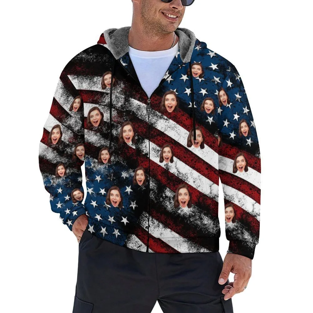 [Thick and Warm]Custom Face American Flag Full Zip Hoodie Double Layer Fleece Thickened Jacket