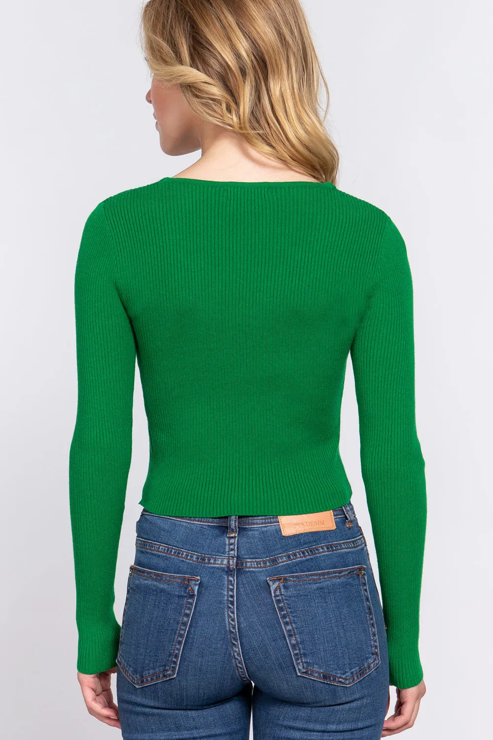 V-neck Shirring Tie Detail Green Sweater