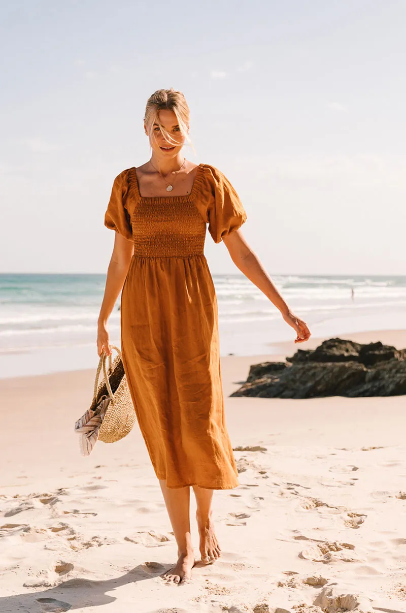 VOYAGE Midi Dress - ochre linen