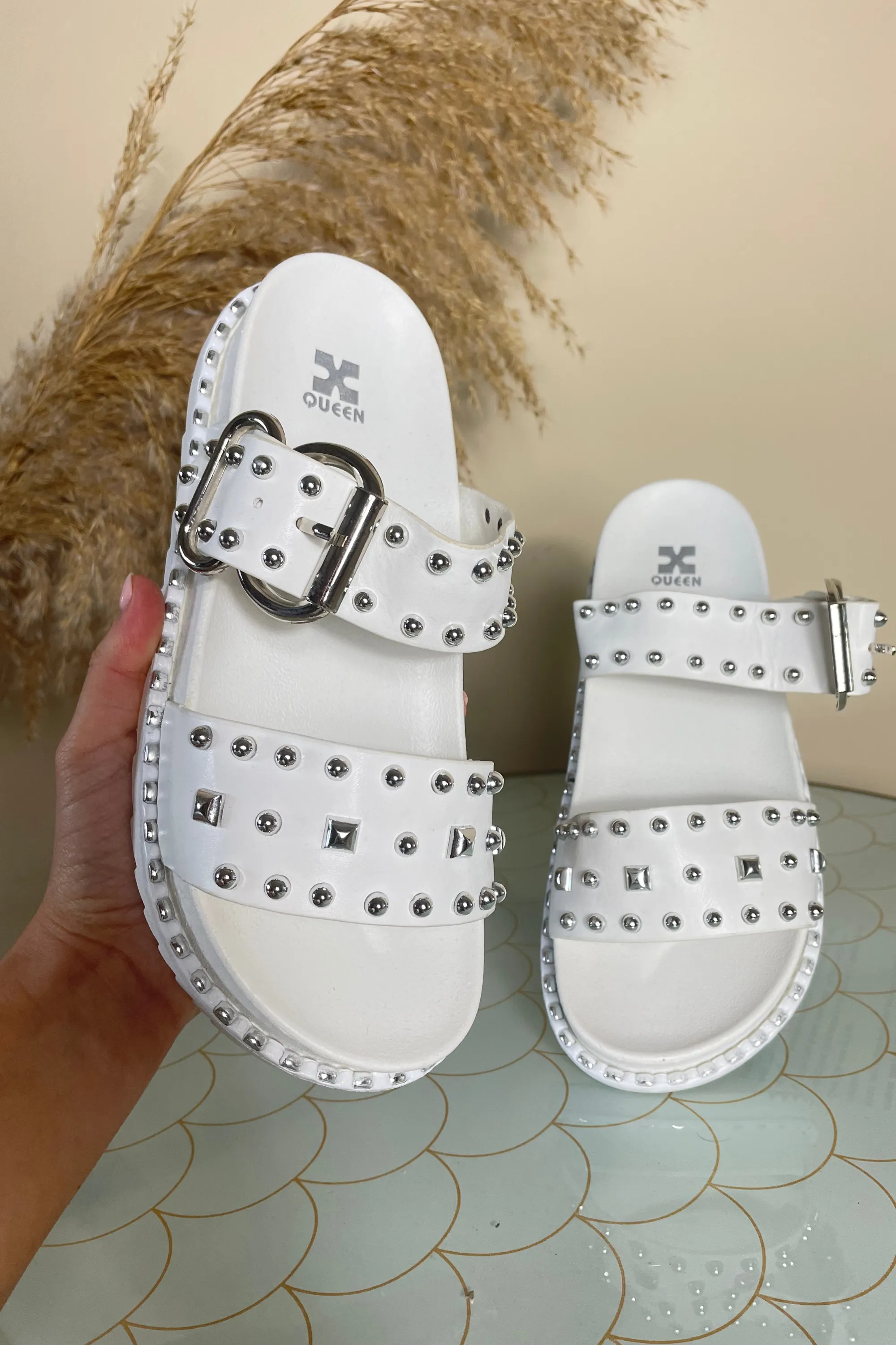 White studded sandals