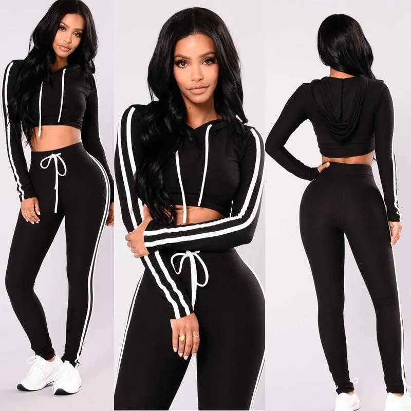 Women Ladies Tracksuit Crop Hoodies Sweatshirt Pants Sets Slim Wear Casual Suit