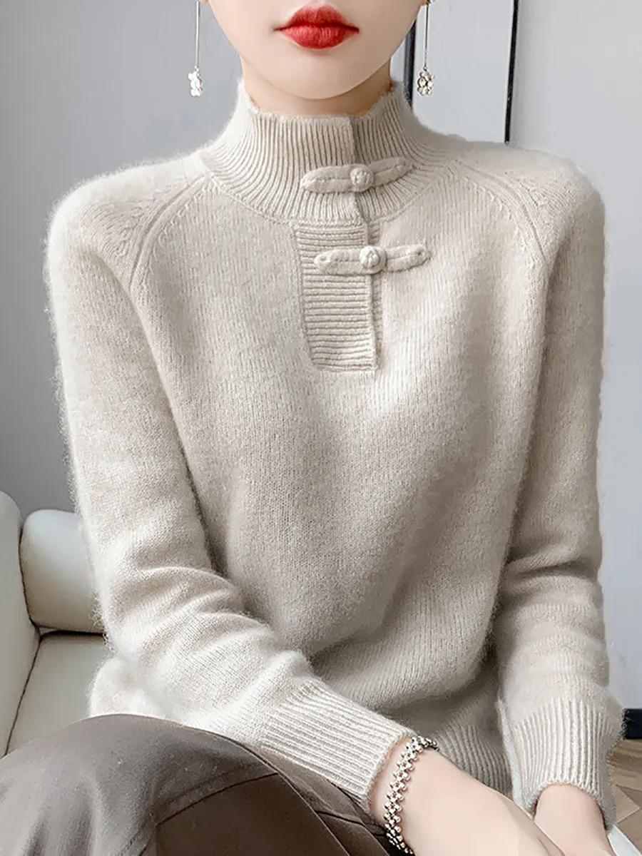 Women Retro Solid Winter Wool Half-Turtleneck Sweater