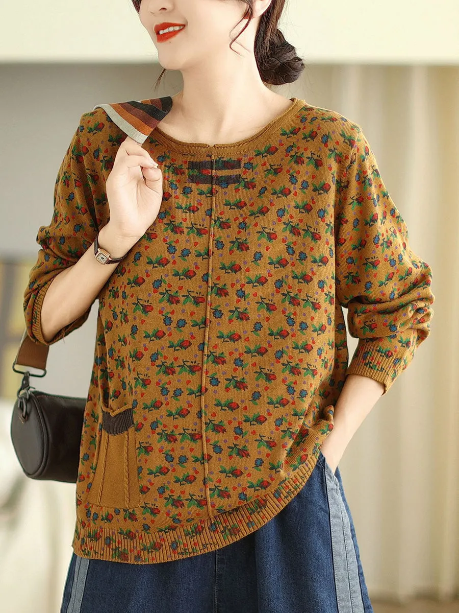 Women Vintage Floral Winter Spliced O-Neck Sweater